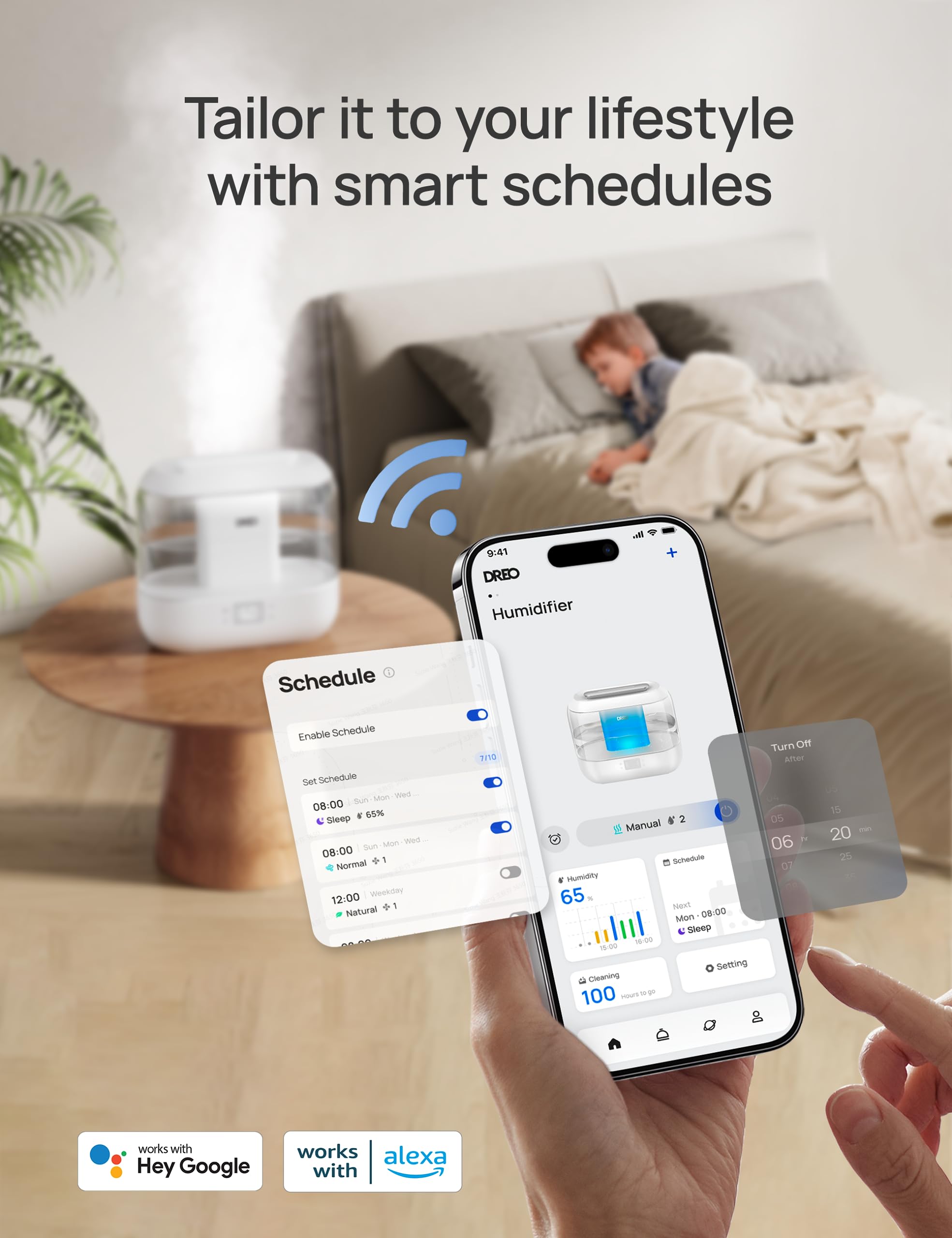 DREO 4L Smart Cool Mist Humidifier for Bedroom Baby | WiFi/Voice Control | 36H Runtime | Quiet 28dB 3