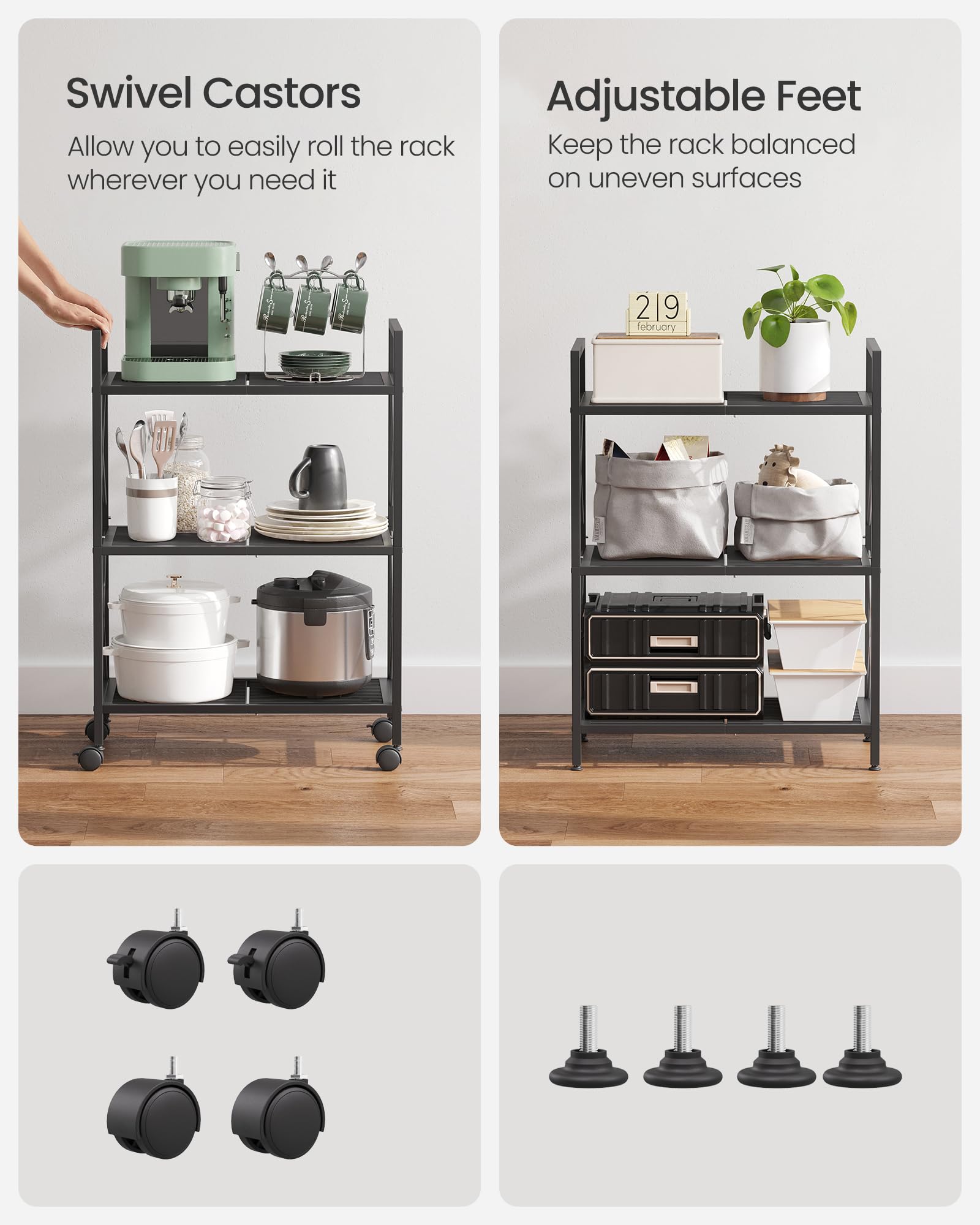 SONGMICS 3-Tier Metal Shelving Unit on Wheels - Ink Black | Heavy Duty Support | Adjustable Feet 7