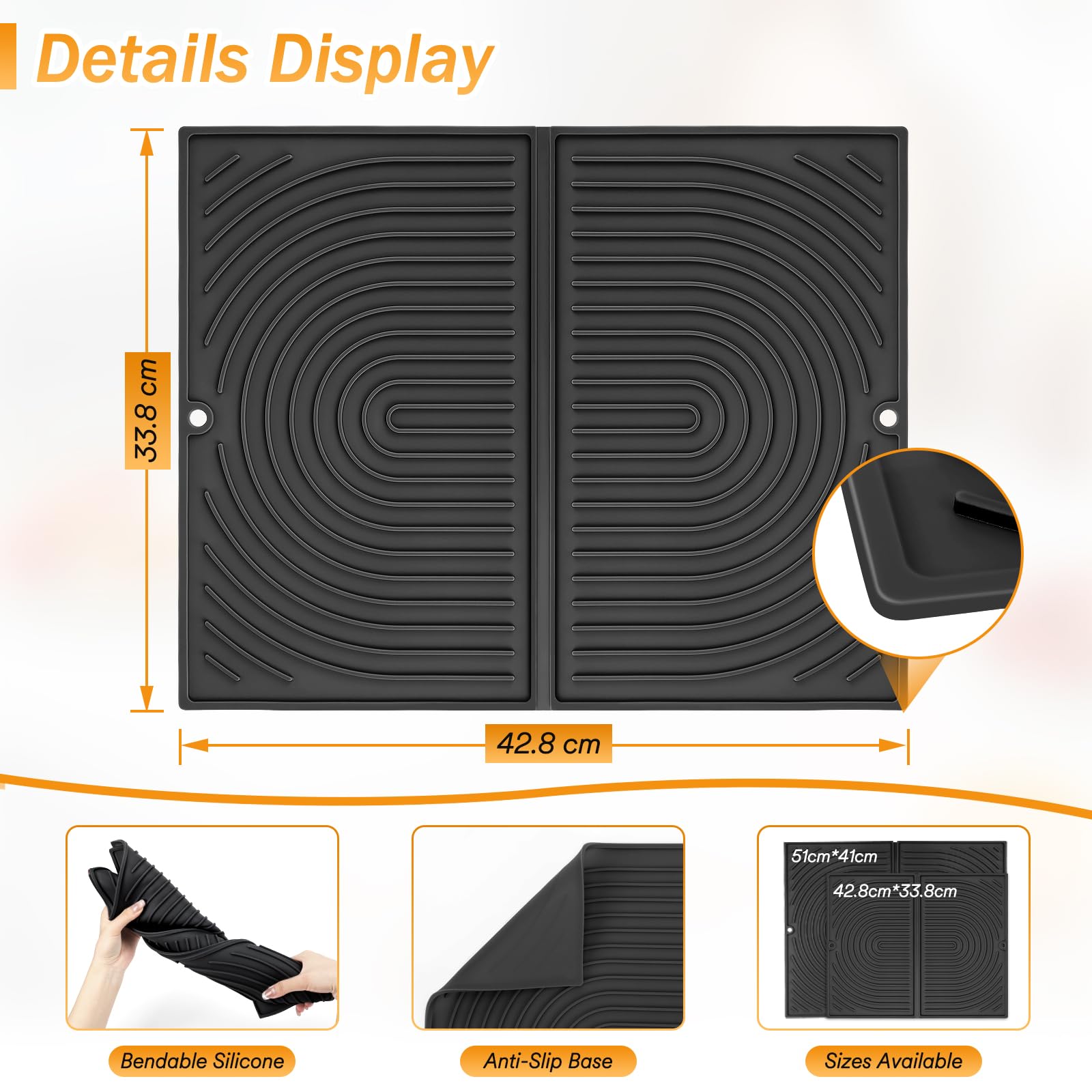 Euqvunn Silicone Dish Drying Mat - Heat Resistant up to 430°F | Medium 42.8 x 33.8 cm | Black 2
