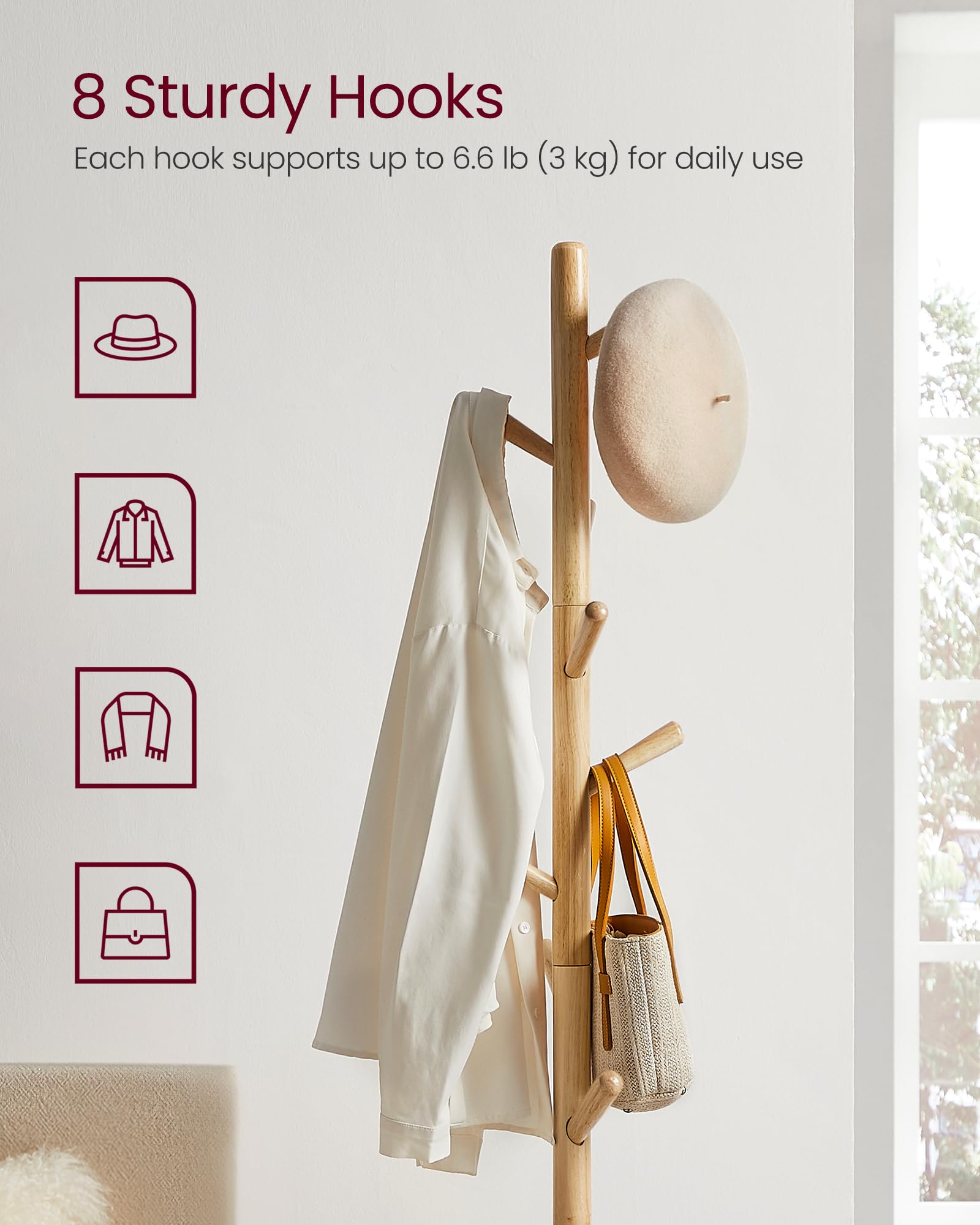 VASAGLE Solid Wood Coat Rack - Freestanding Hall Tree | 3 Height Options | 24 kg Capacity 3