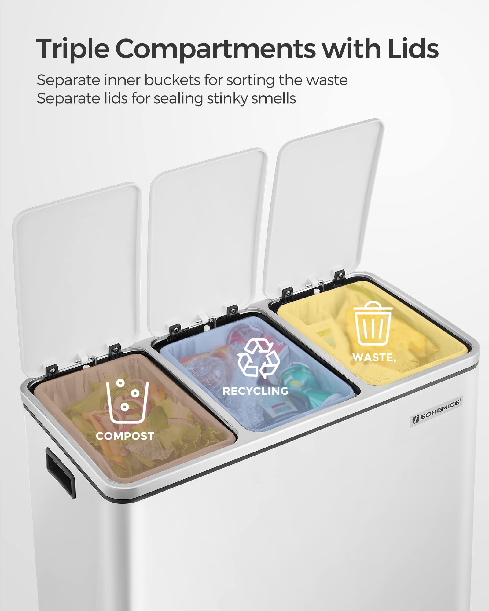 SONGMICS Kitchen Waste Separation System - 3 x 18L Compartments, Soft-Close Lids, Steel, Cloud White 4