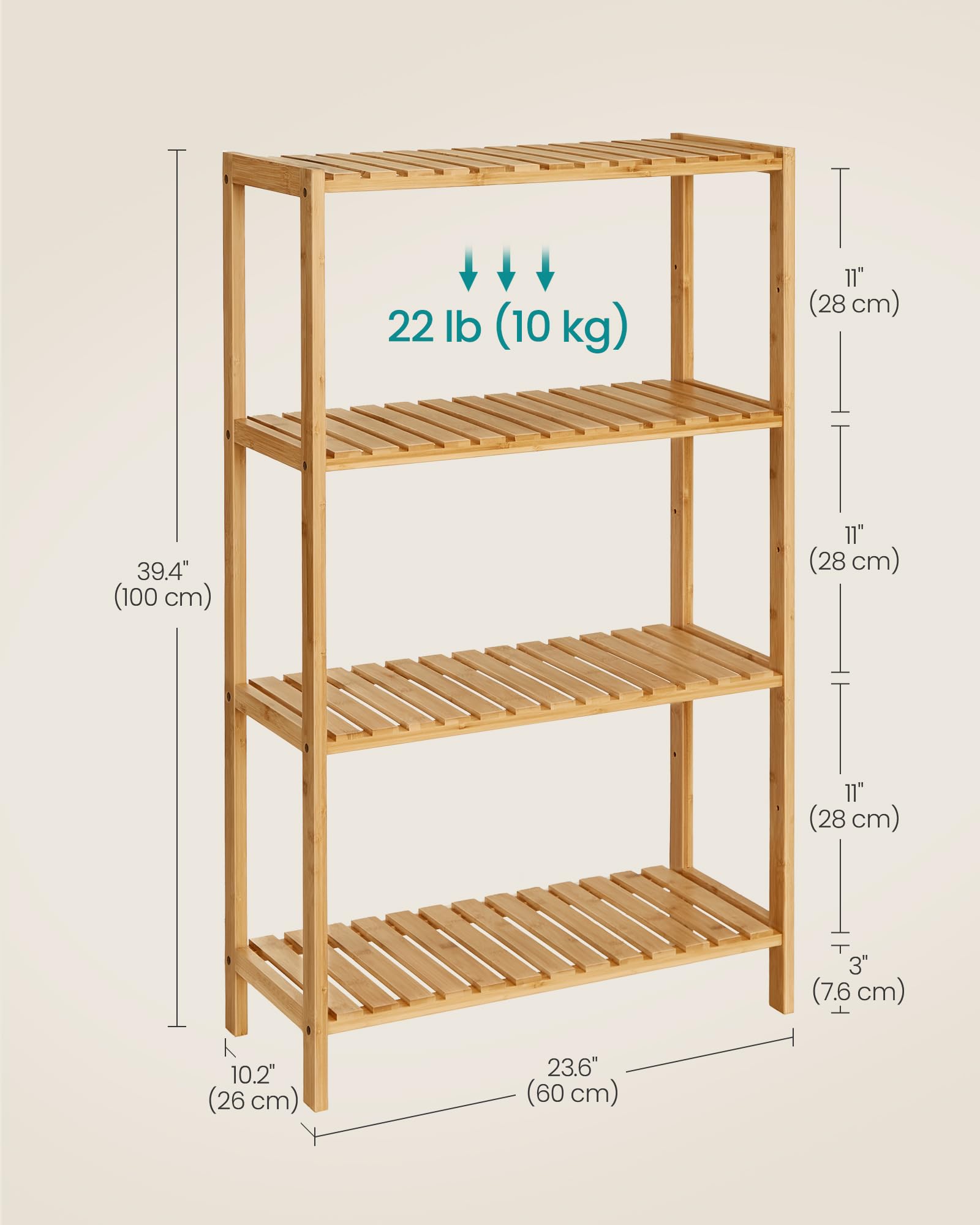 SONGMICS Bamboo Storage Shelf - 4-Tier Freestanding Unit | 60x26x100cm | Max Load 10kg/Shelf 2