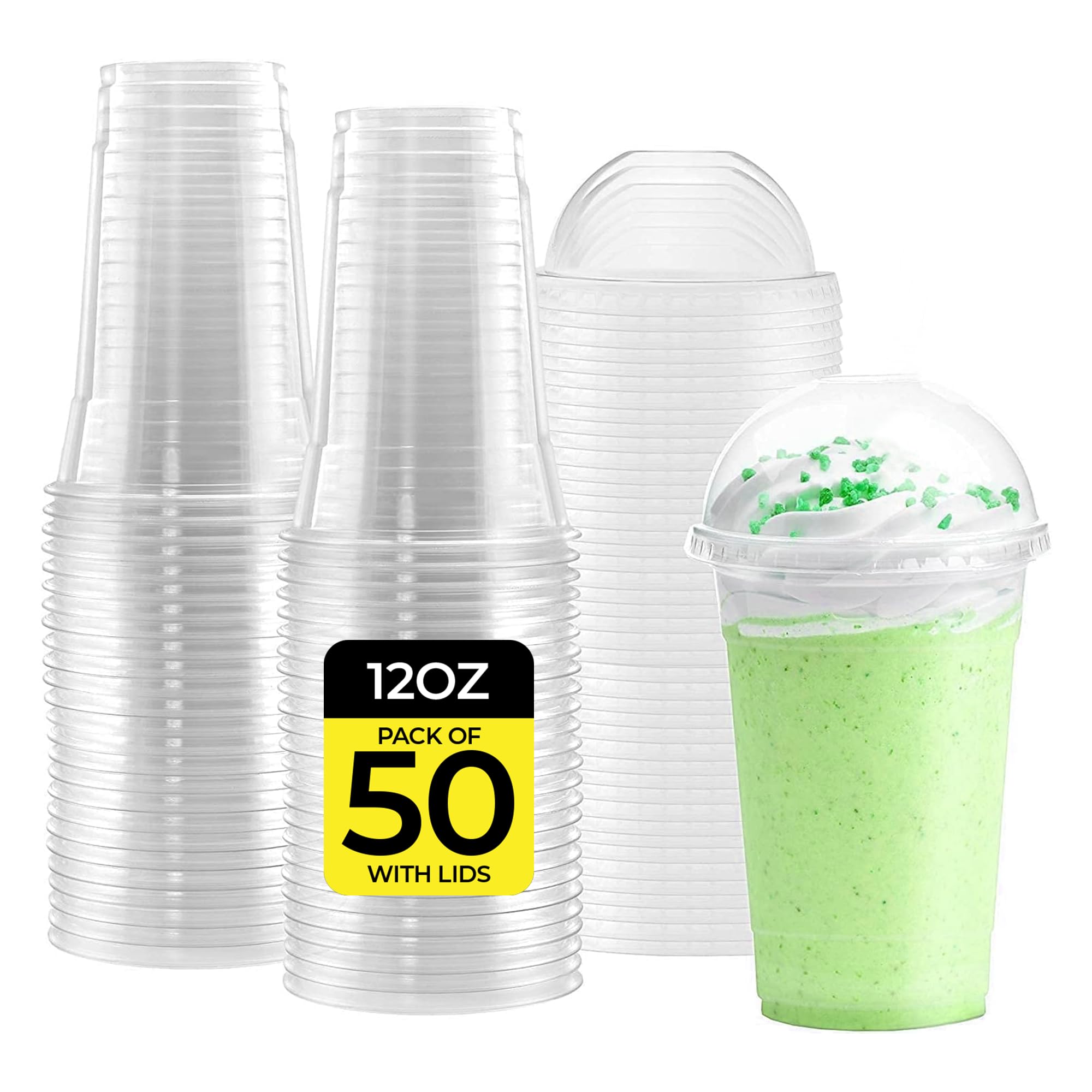Zuvo Plastic Smoothie Cups with Dome Lids - 12 OZ (Pack of 50) - Leak Proof