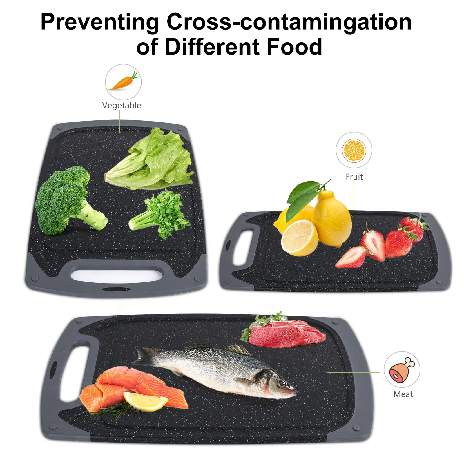 Rottogoon 3-Piece Plastic Chopping Board Set - Non-Slip Feet & Juice Groove | Black 6
