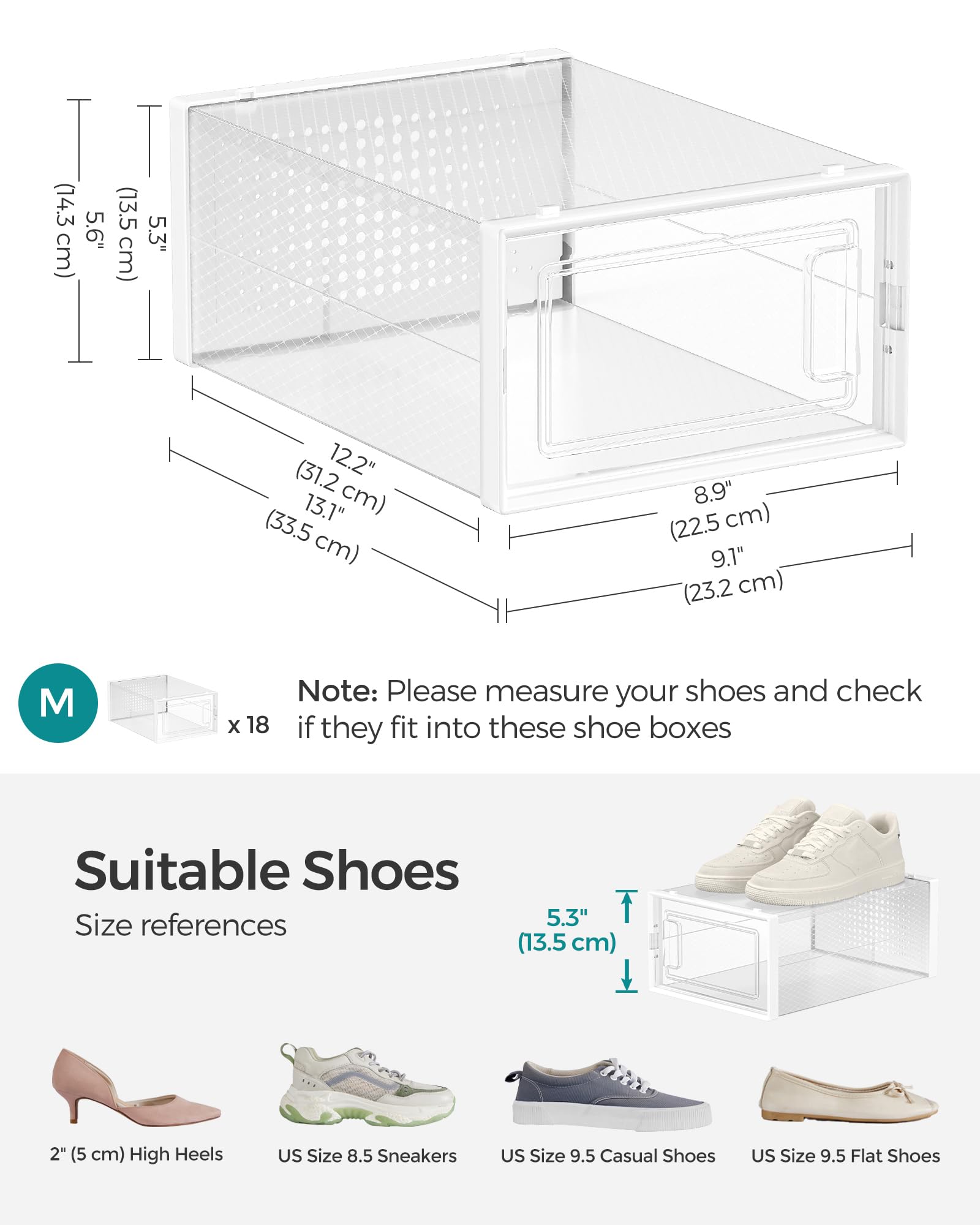 SONGMICS Shoe Boxes - Pack of 18 Stackable Storage Organisers | Transparent/White | Fits up to UK Size 11 6