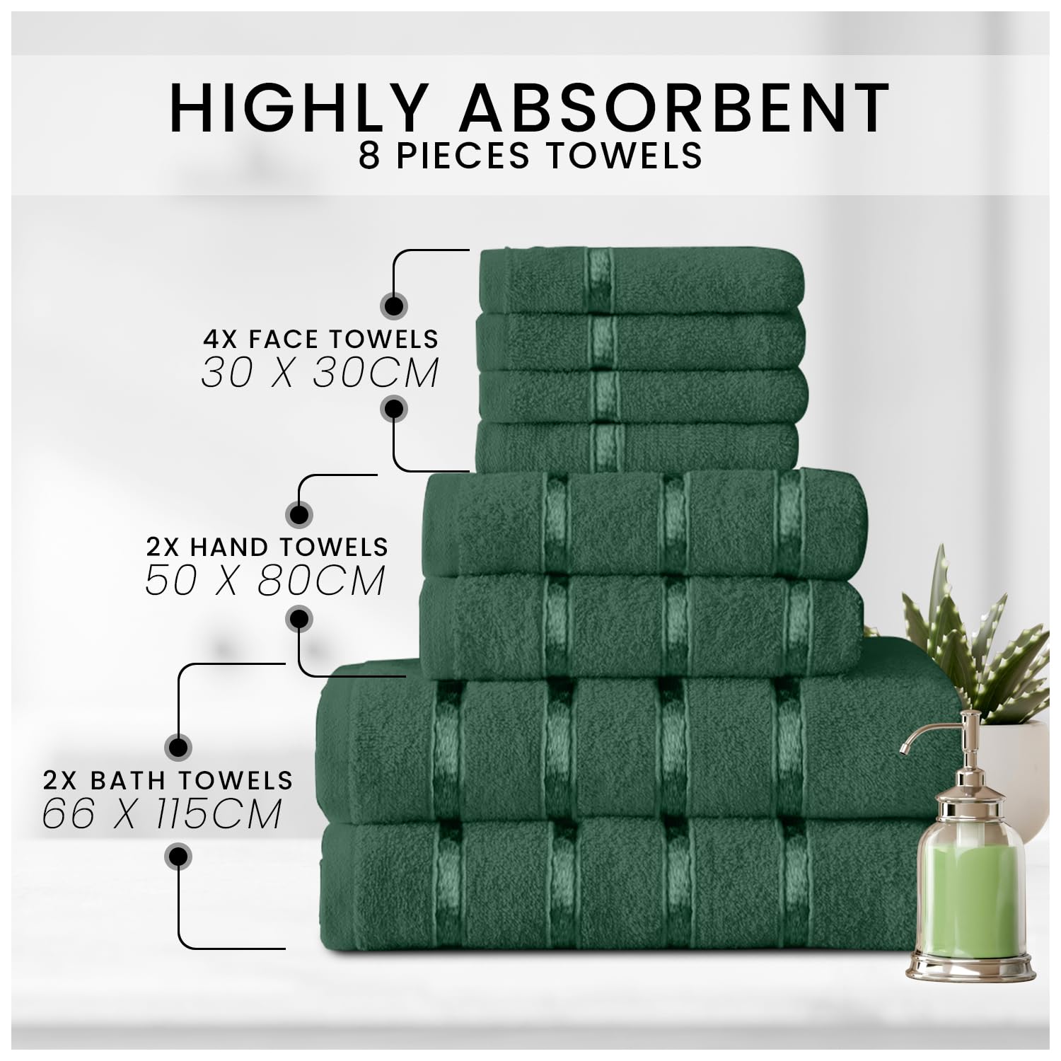 GC GAVENO CAVAILIA 8 Piece Towel Set - 450 GSM Quick Dry Cotton | Dark Green 3