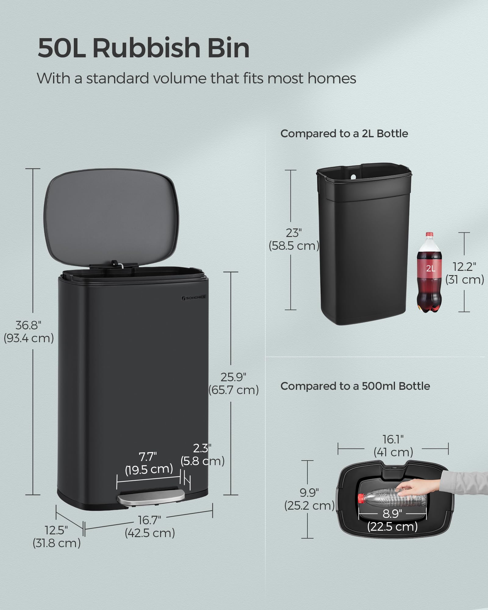 SONGMICS 50 L Kitchen Bin - Soft Close Pedal Rubbish Bin | Alloy Steel | Black 6