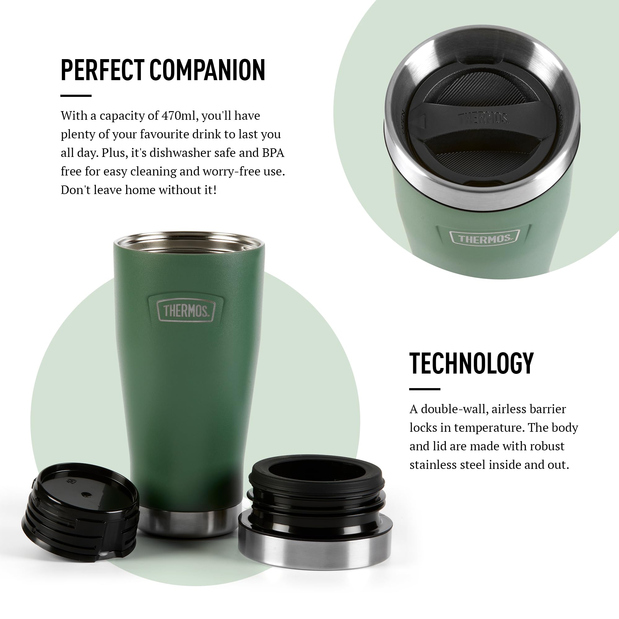 Thermos Icon Rock Cap Green Travel Tumbler - 470ml Insulated Stainless Steel | 7 Hrs Hot / 22 Hrs Cold 4