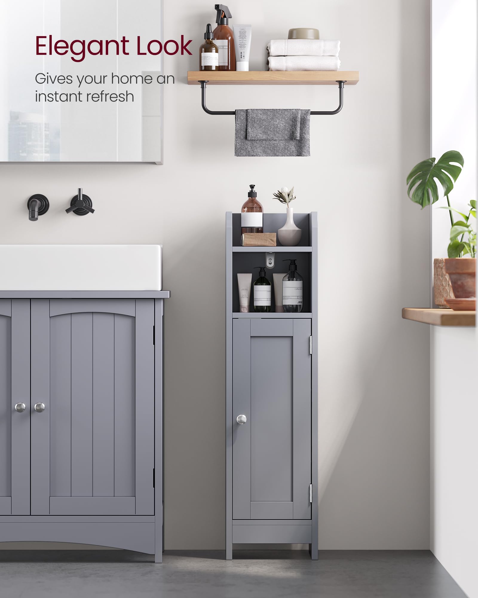 VASAGLE Slim Bathroom Floor Storage Cabinet | Dove Grey | 80H cm | Adjustable Shelves 8