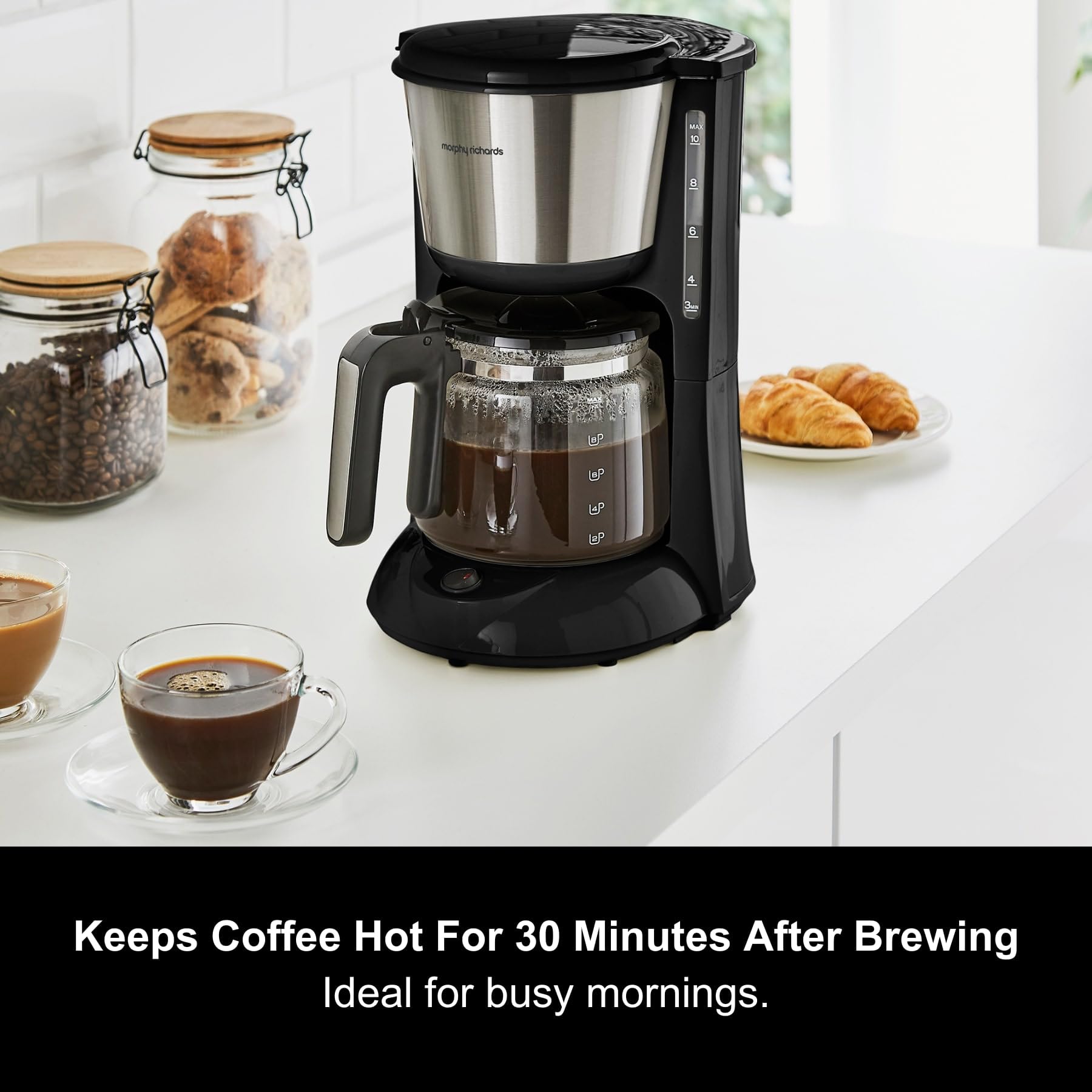 Morphy Richards Equip Filter Coffee Machine - 10 Cup, Pour Over Technology, Aroma Blender, Black/Brushed Steel