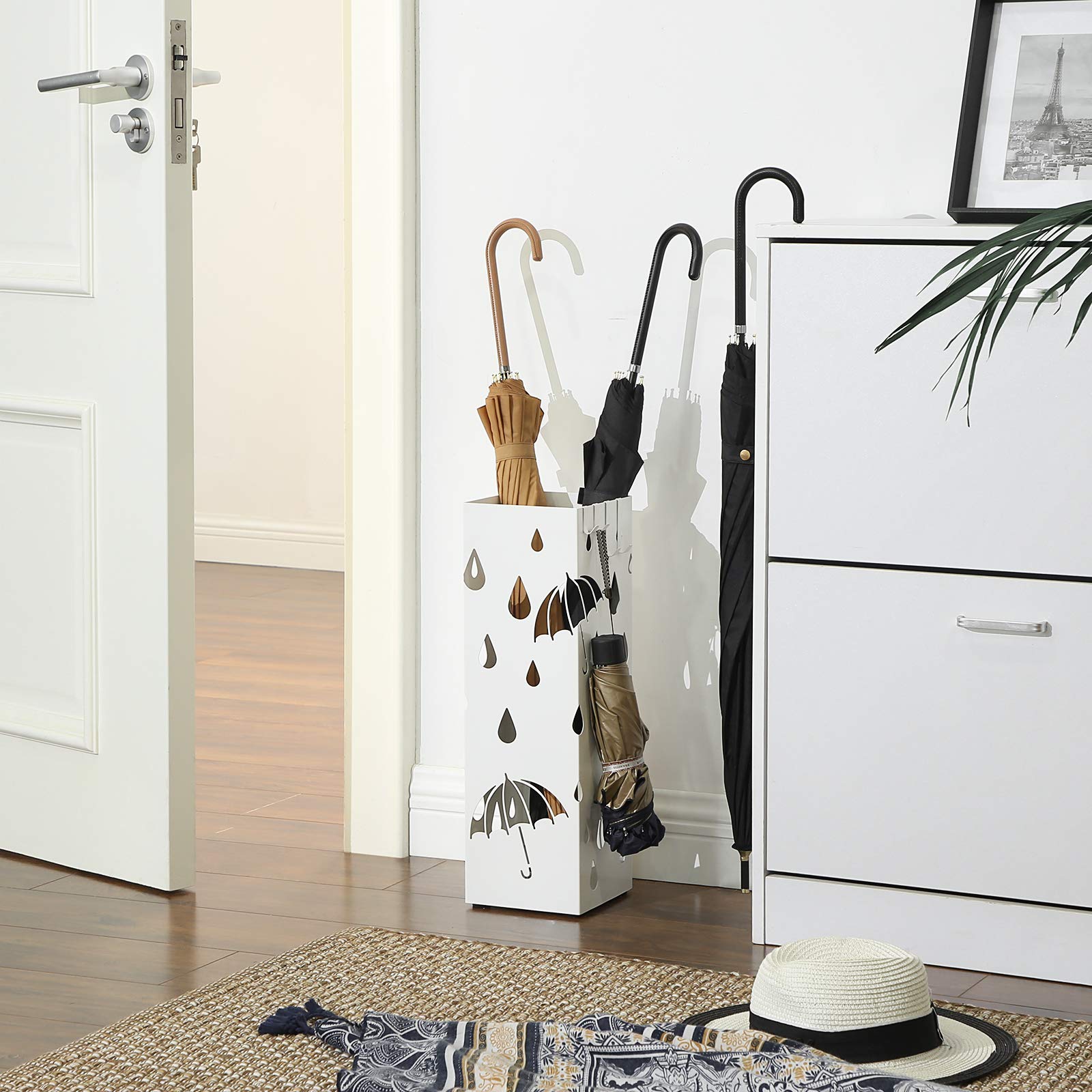 SONGMICS Metal Umbrella Stand - Square Holder with Drip Tray & 4 Hooks | White Stainless Steel 3