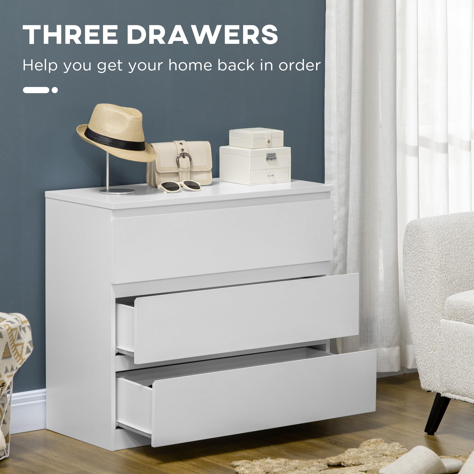 HOMCOM 3-Drawer Chest of Drawers - White Engineered Wood Storage Unit | 80W x 39D cm 5