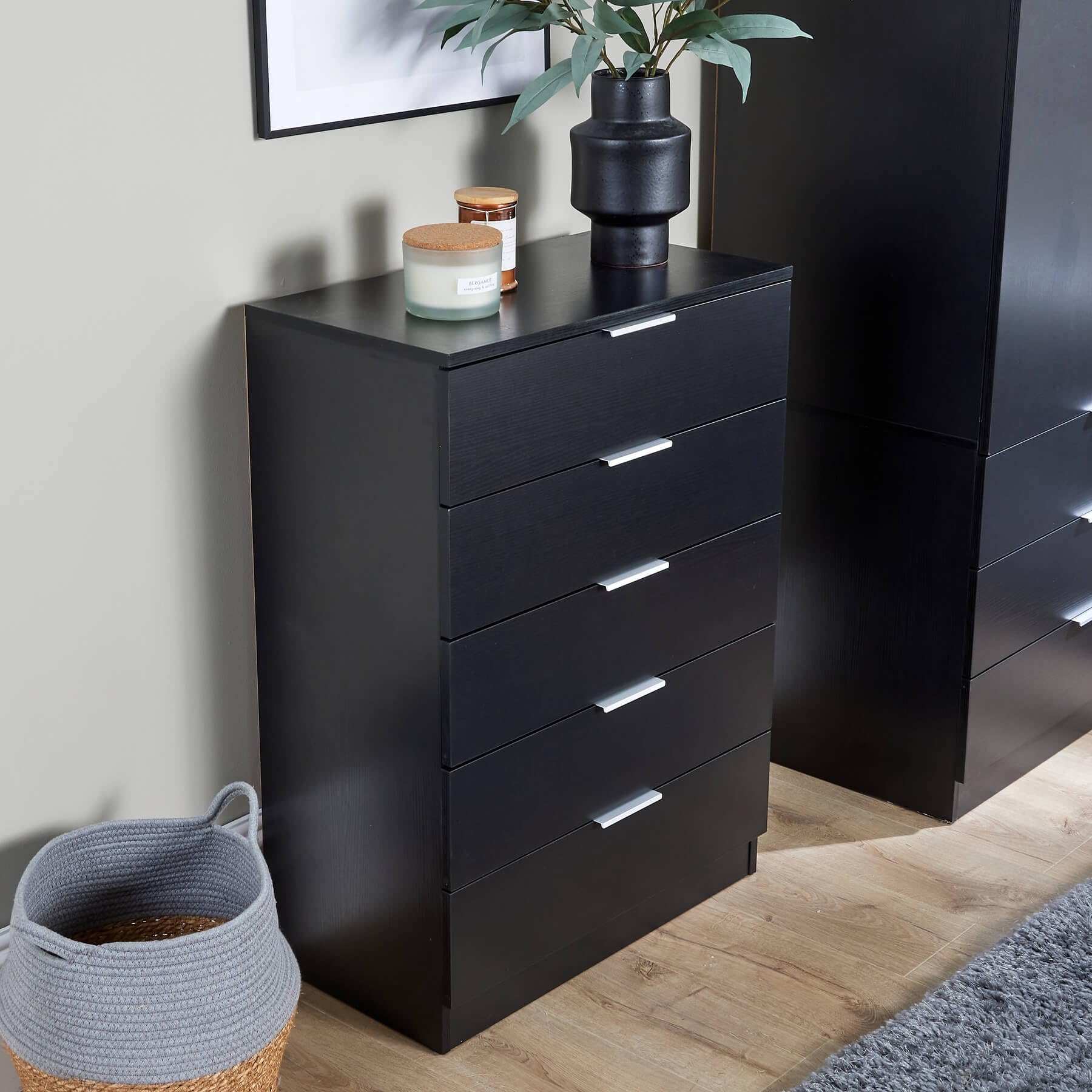 Home Source Phoenix Tall 5 Drawer Chest of Drawers - Black | 90H x 63W x 35D cm 4