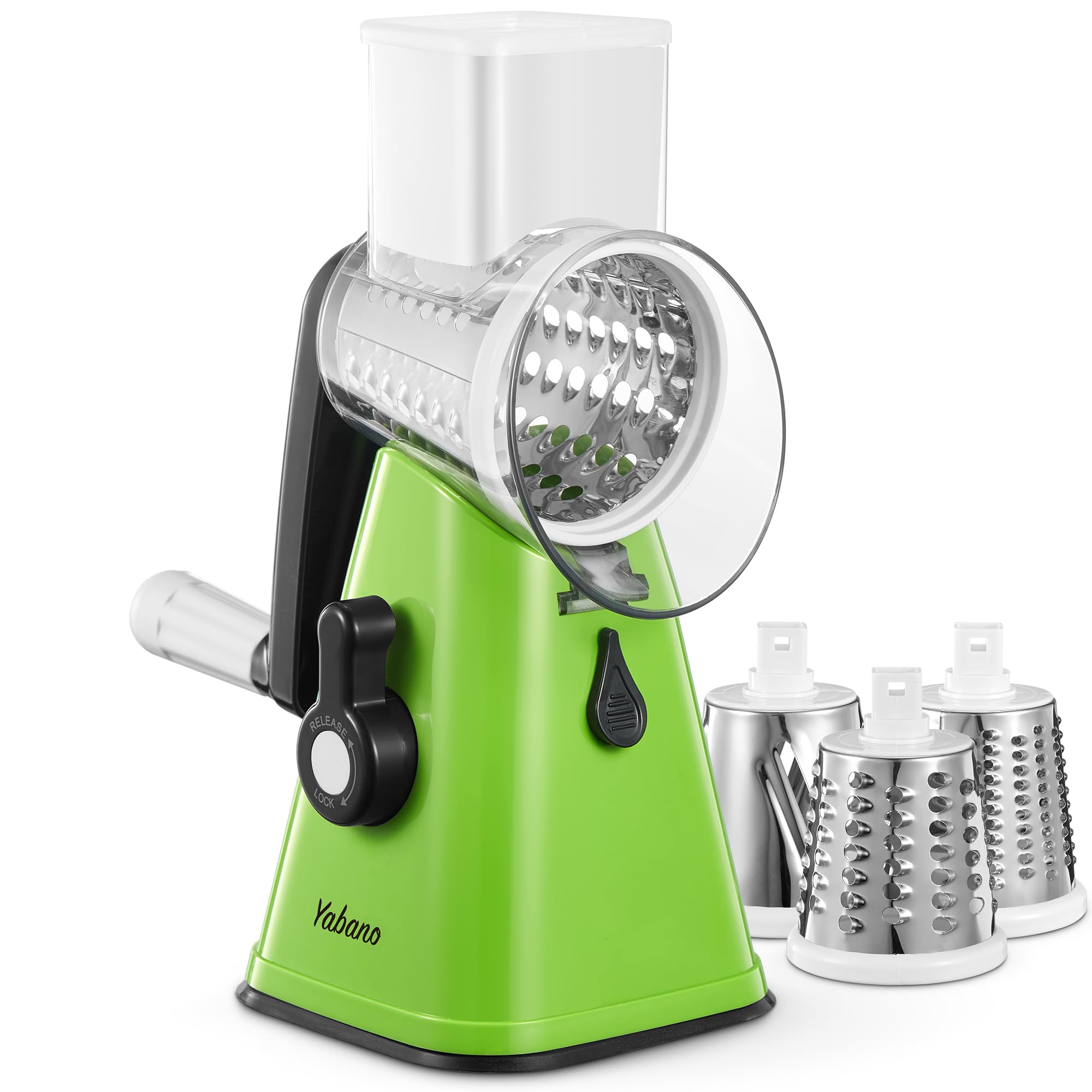 Yabano Rotary Cheese Grater - Vegetable Slicer with 3 Replaceable Stainless Steel Blades | Green