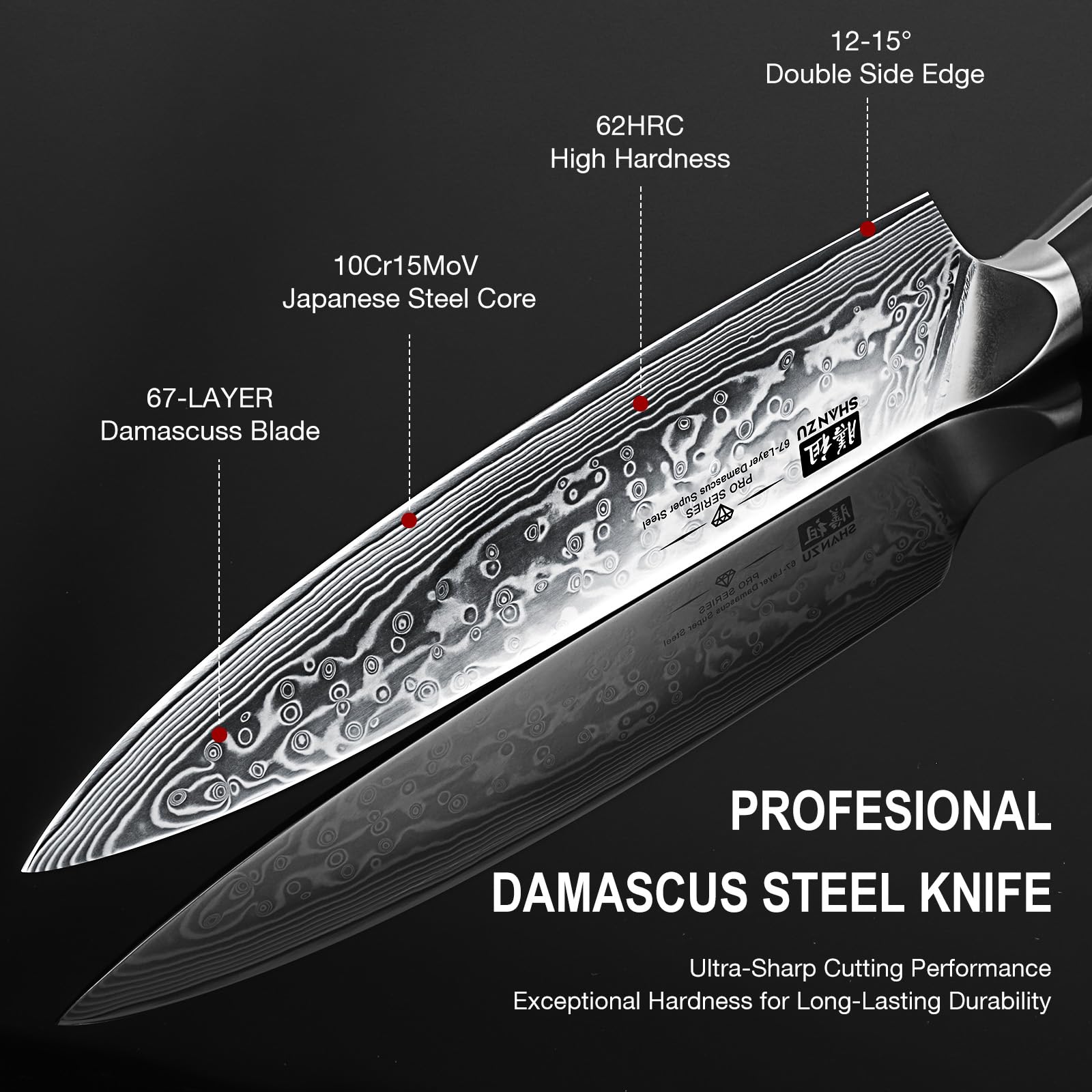 SHAN ZU Damascus Steel Knife Set of 3 PCS - 67 Layers High Carbon | G10 Handle 3