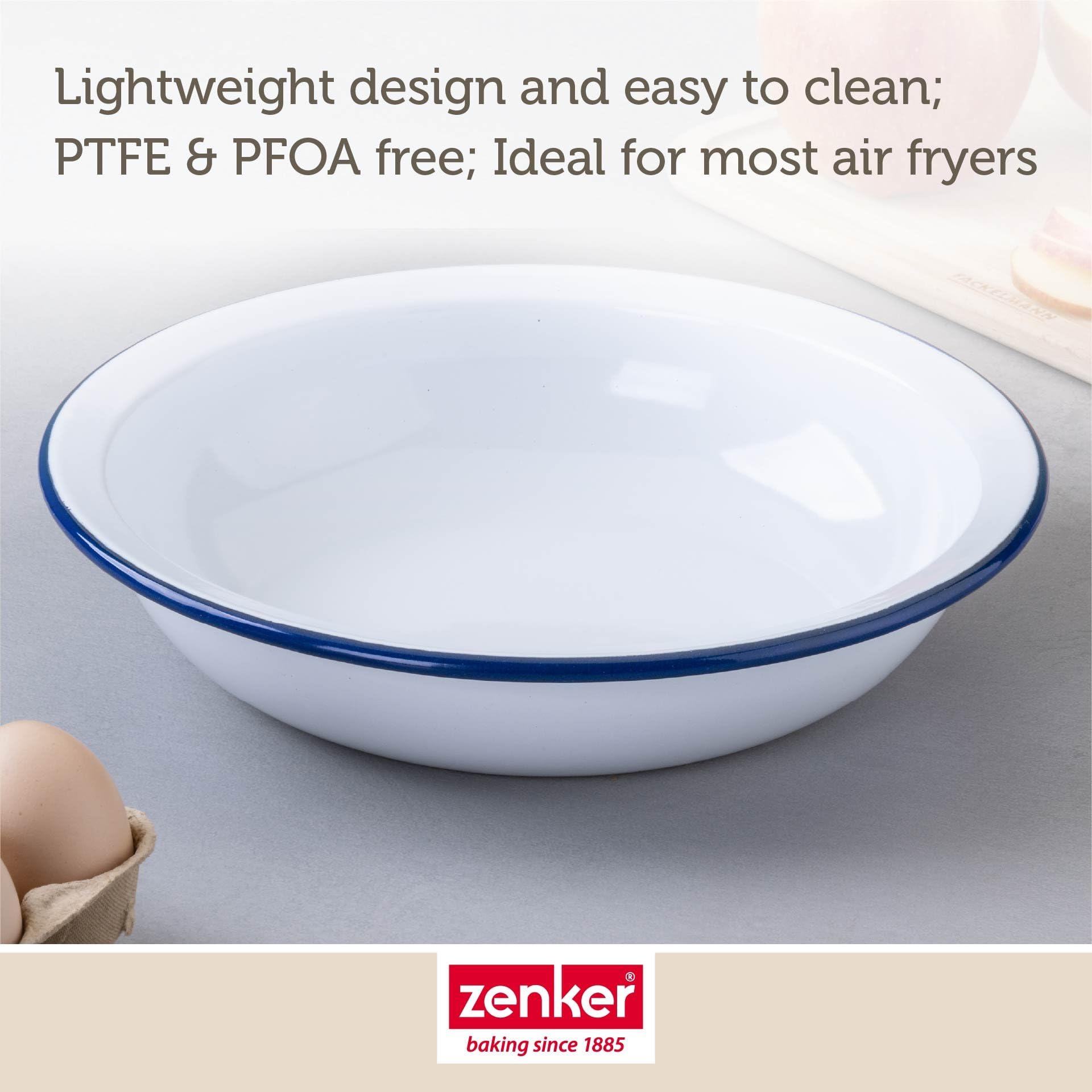 Zenker Enamel Round Pie Dish - Vintage Design, Oven Safe to 230°C | 25x25x5cm | White & Blue 5