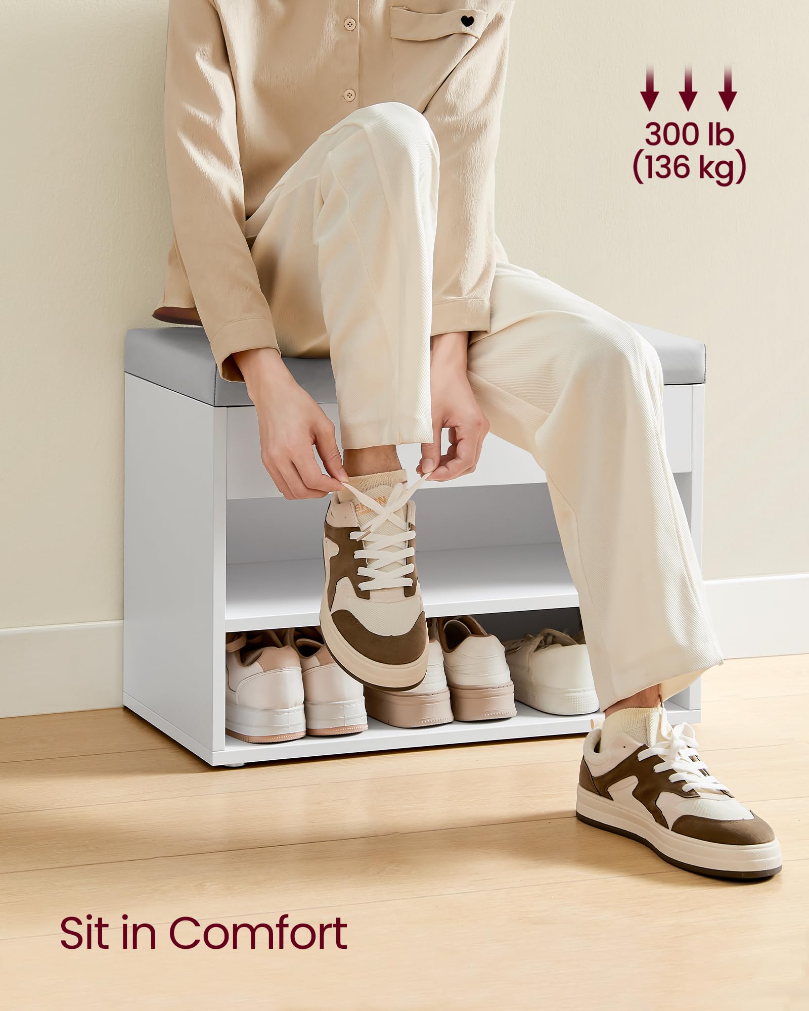 VASAGLE Shoe Storage Bench with Padded Seat | 30D x 60W x 44H cm | Supports 136 kg 6