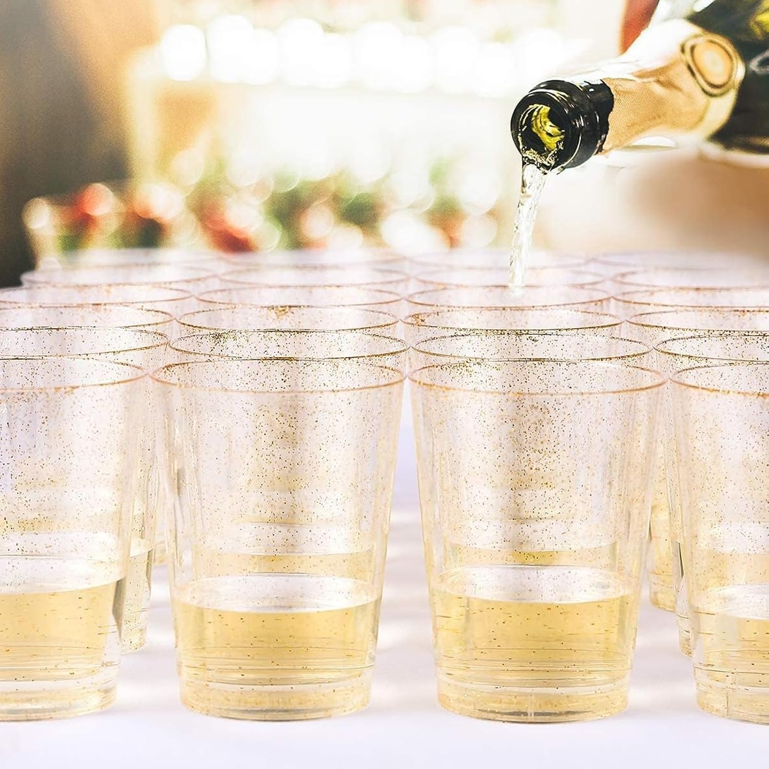 Woobroo 50 Pack Plastic Cups - 10oz (285ml) Gold Glitter Party Cups | Durable Polystyrene 6
