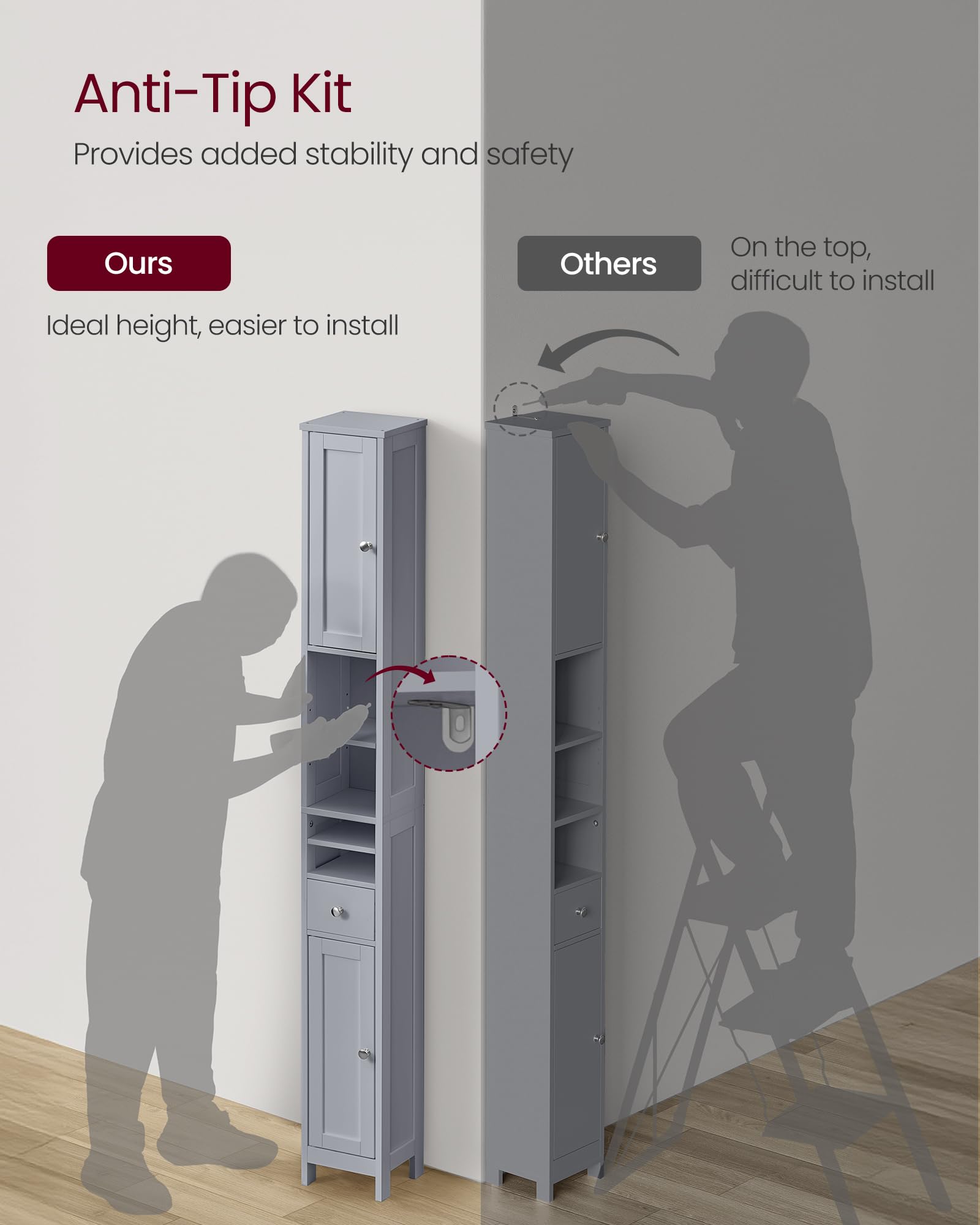 VASAGLE Tall Bathroom Cabinet - Slim Freestanding Storage | Dove Grey | 180 cm Height 7