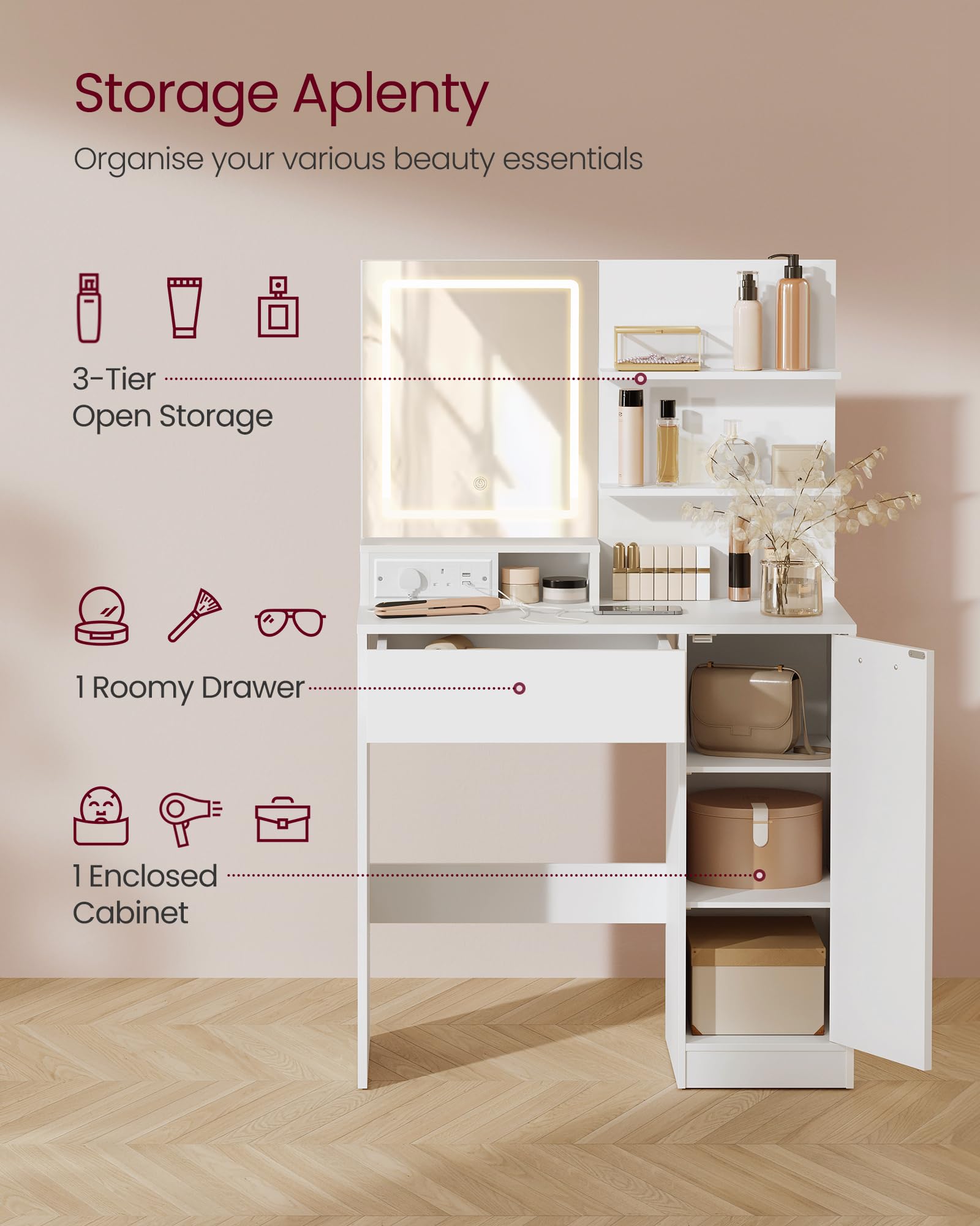 VASAGLE KAILYN Dressing Table with LED Mirror, Power Outlet, and Storage | White | 15.7'D x 31.5'W x 52'H 3