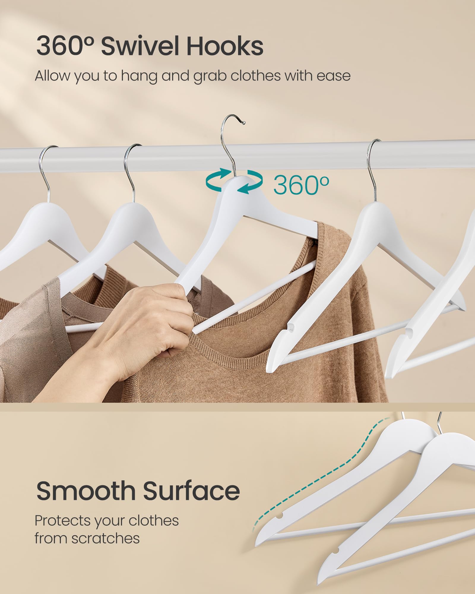 SONGMICS Wooden Hangers - 10 Pack Coat Hangers with Pants Bar | 5kg Capacity | Cloud White 6