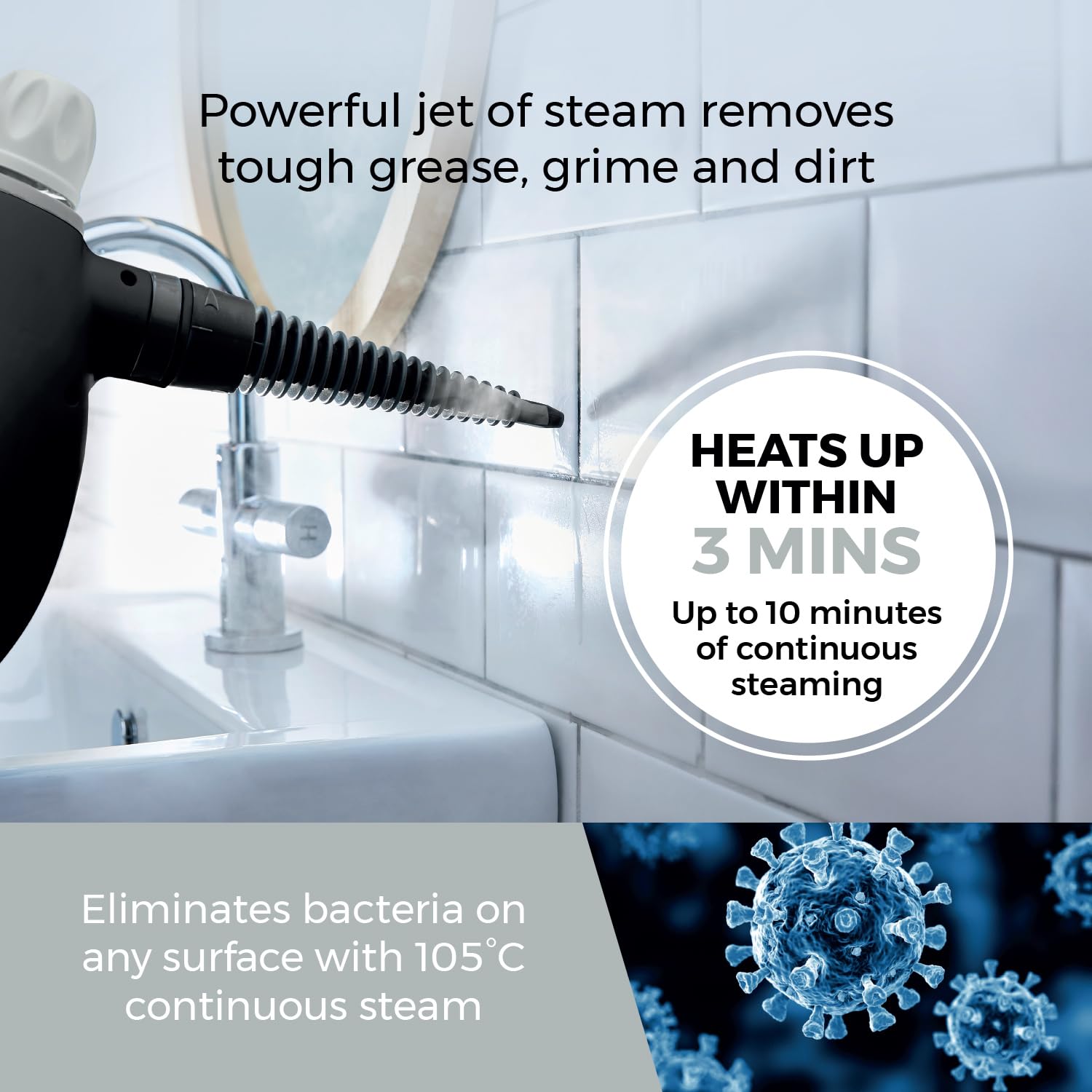 Tower T134000PL THS10 Corded Handheld Steam Cleaner with 9 Accessories | 1050W | Kills 99.99% Bacteria 3