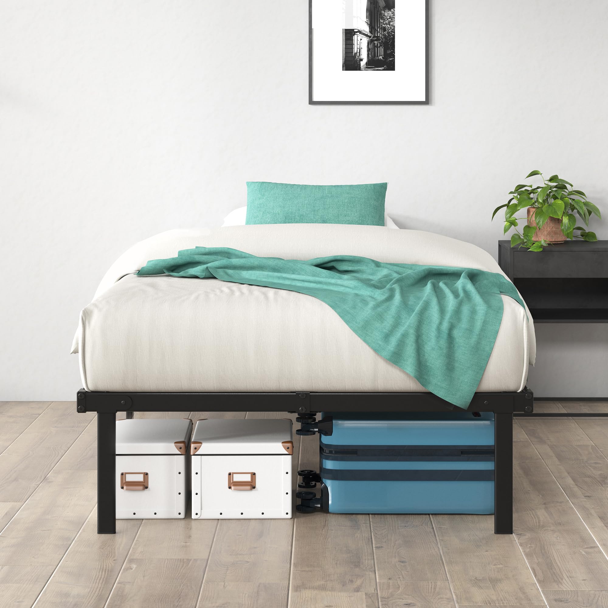 Zinus Caleb Single Bed Frame - 3ft (90 x 190 cm) - 14.2'' Height - Black Metal