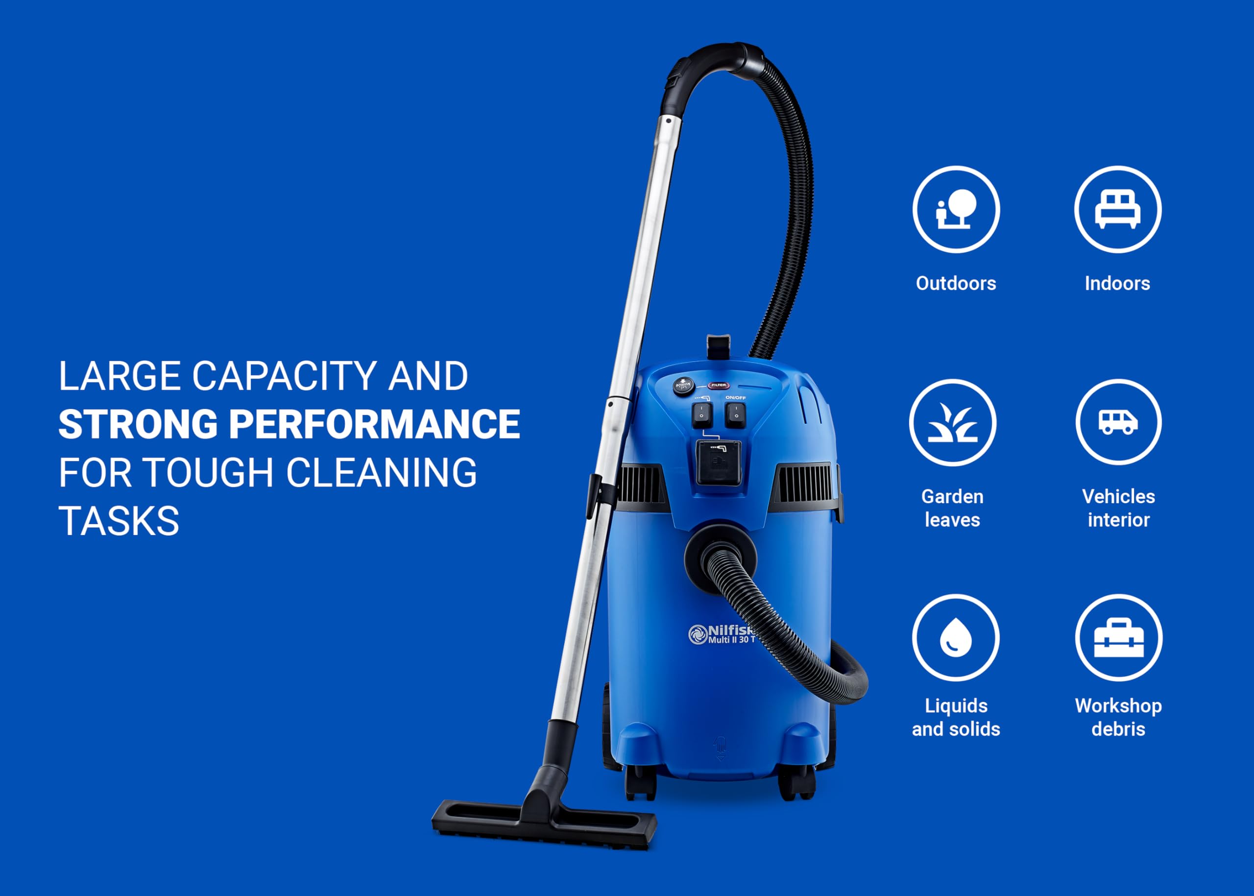 Nilfisk Multi II 30L T Wet-Dry Vacuum Cleaner - 1400W Motor | 30L Capacity | Push&Clean Filter 3