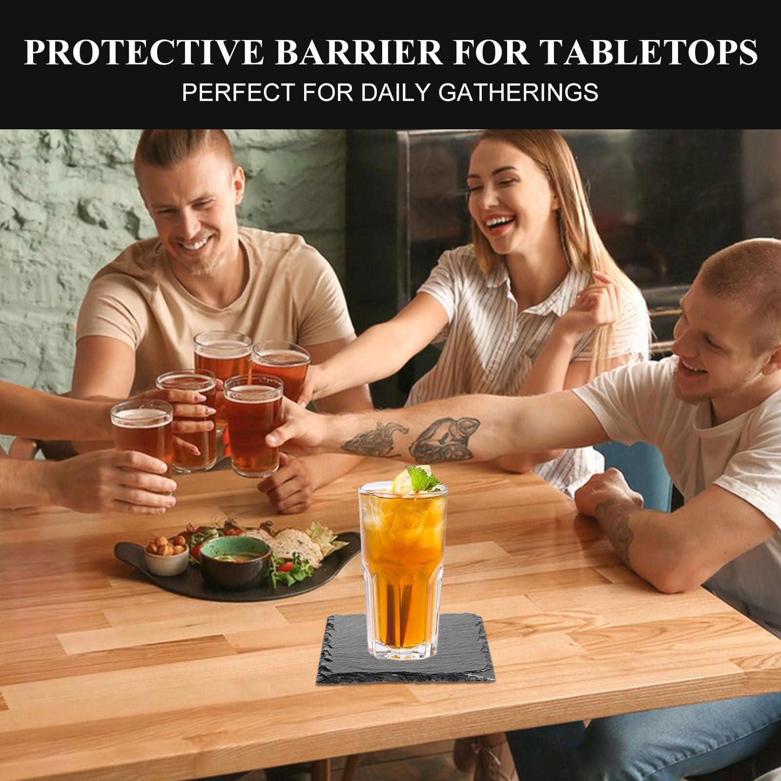 ASelected 8 Pcs Natural Slate Drink Coasters with Metal Holder | 10x10 cm Square | DIY Craft Friendly 5
