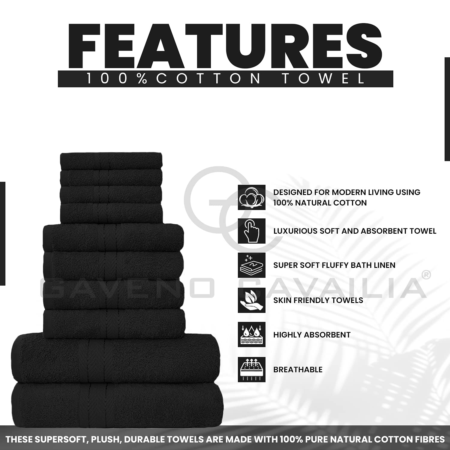 GC GAVENO CAVAILIA 10 Piece Towel Set - 450 GSM Cotton | Quick Drying | Black 2