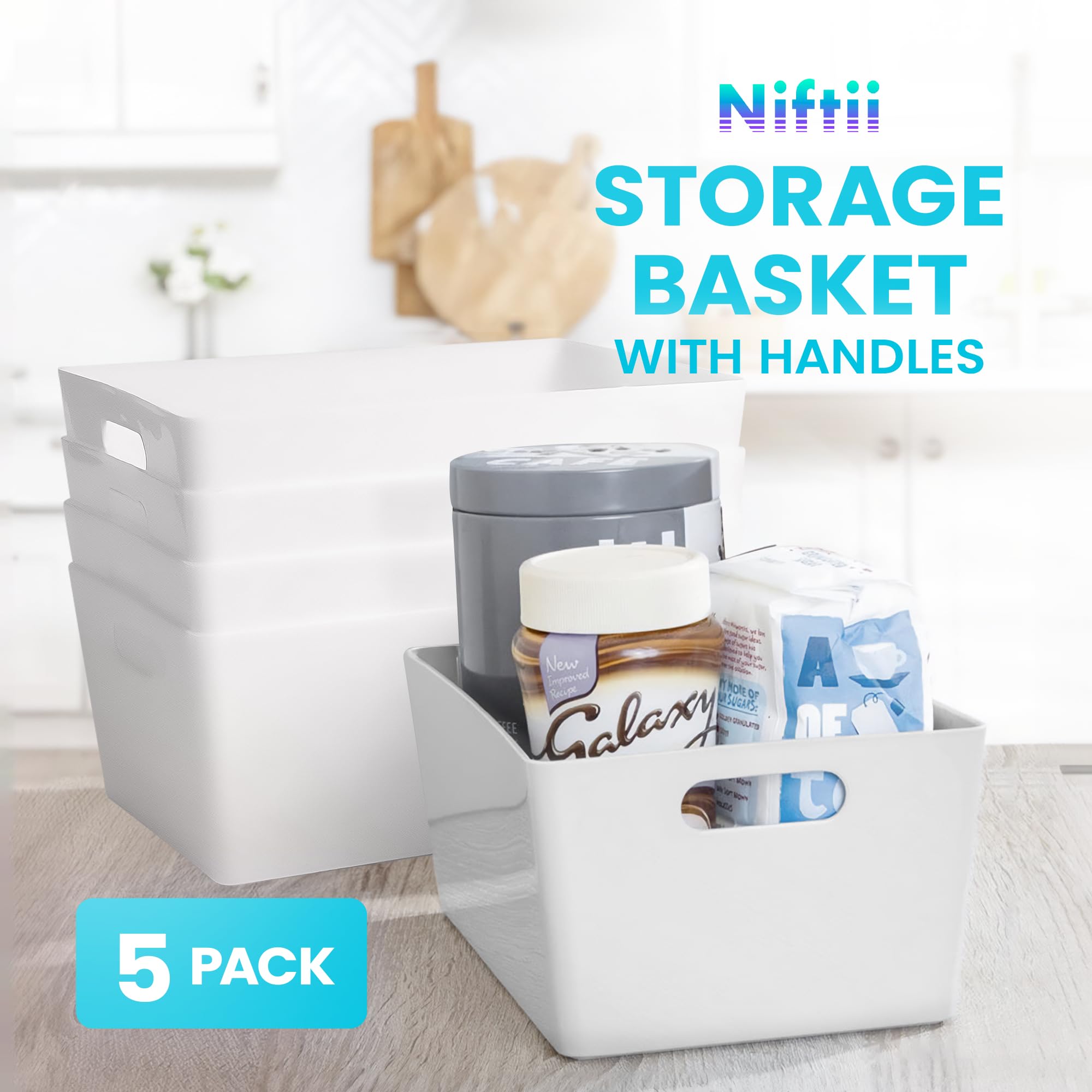Niftii Plastic Shelf Baskets - 5 Pack Storage Bins with Handles | 3.9L Capacity | White 2
