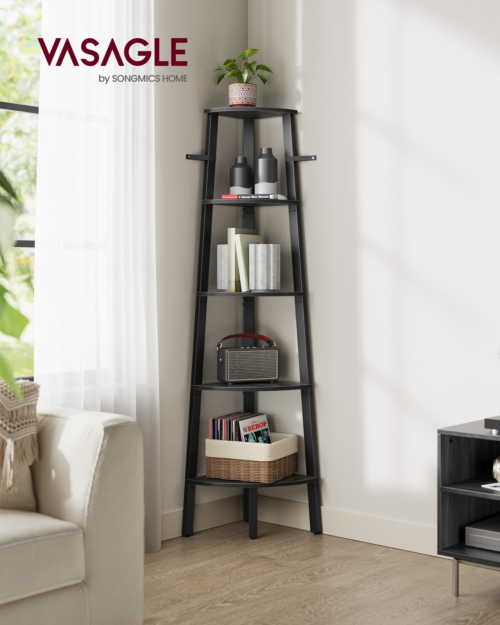VASAGLE 5-Tier Corner Shelf Unit - Industrial Accent Furniture for Living Room, Bookshelf or Plant Stand | Charcoal Gray & Matte Black 2