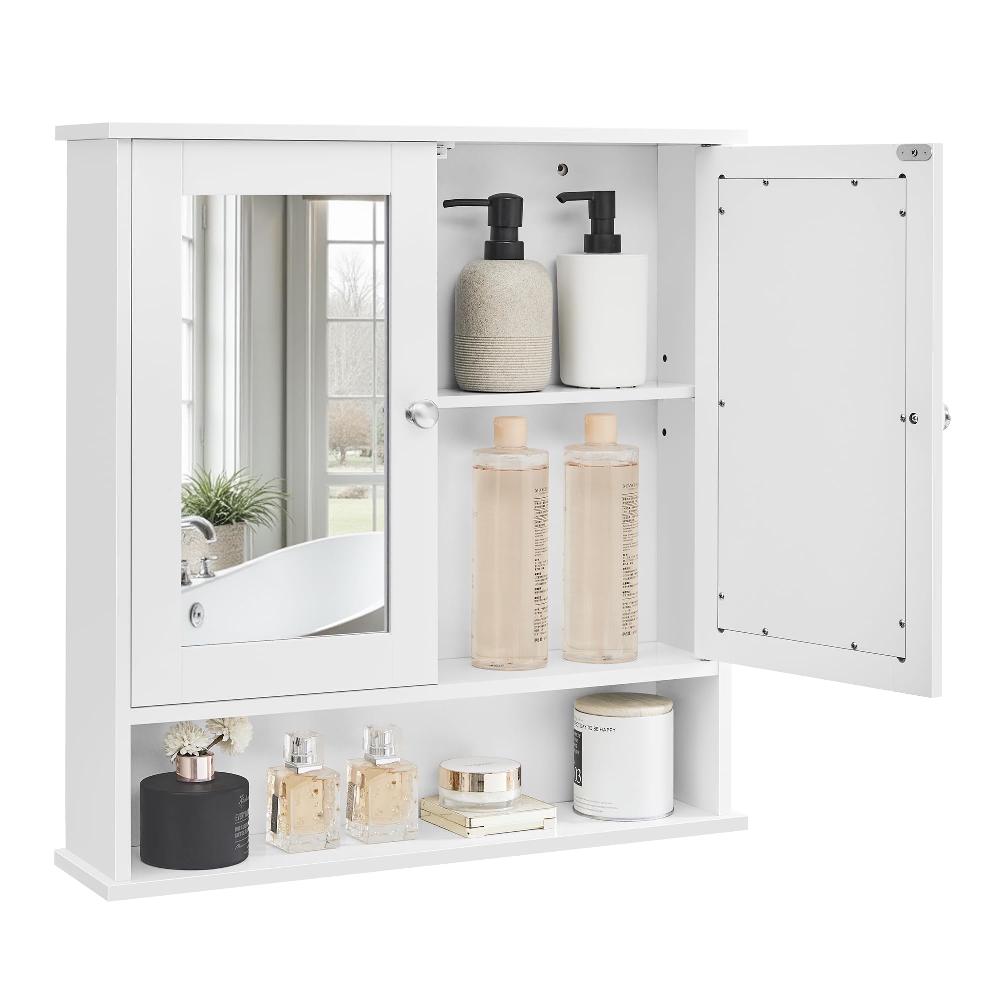 VASAGLE Bathroom Mirror Cabinet with 2 Mirrored Doors, Adjustable Shelf, Wall-Mounted, White LHC002 1