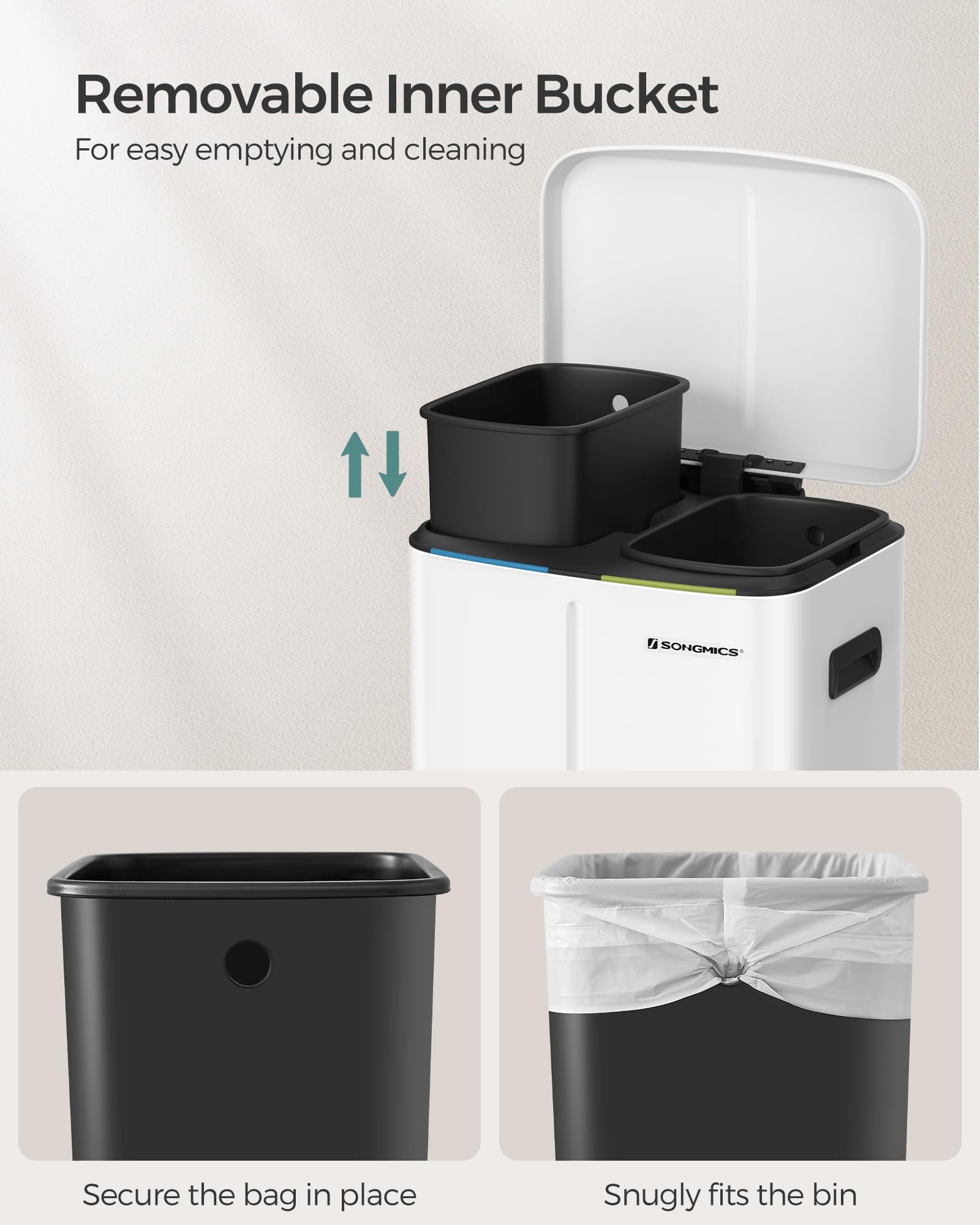 SONGMICS Double Rubbish Bin - 2 x 20L Dual Compartment Kitchen Waste Separation System | White Powder Coated Steel 6