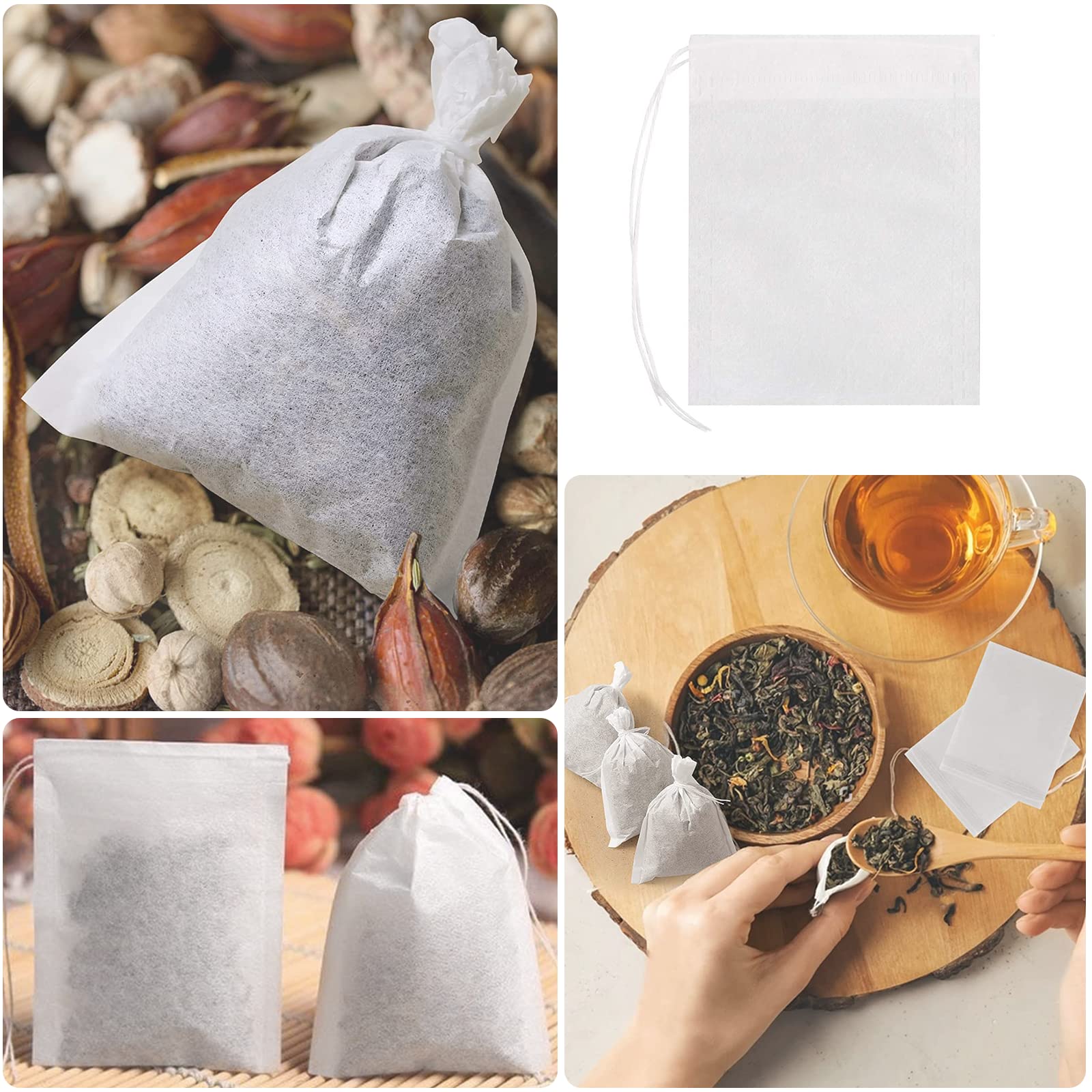 Carehabi Disposable Tea Filter Bags with Drawstring, 200 Count, 6 x 8 cm, Natural Wood Pulp 5