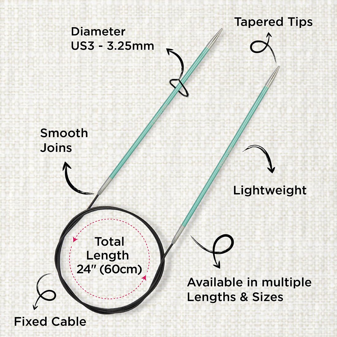 KnitPro Zing Fixed Circular Knitting Needles - 60cm Length, 3.25mm Size, Green 3