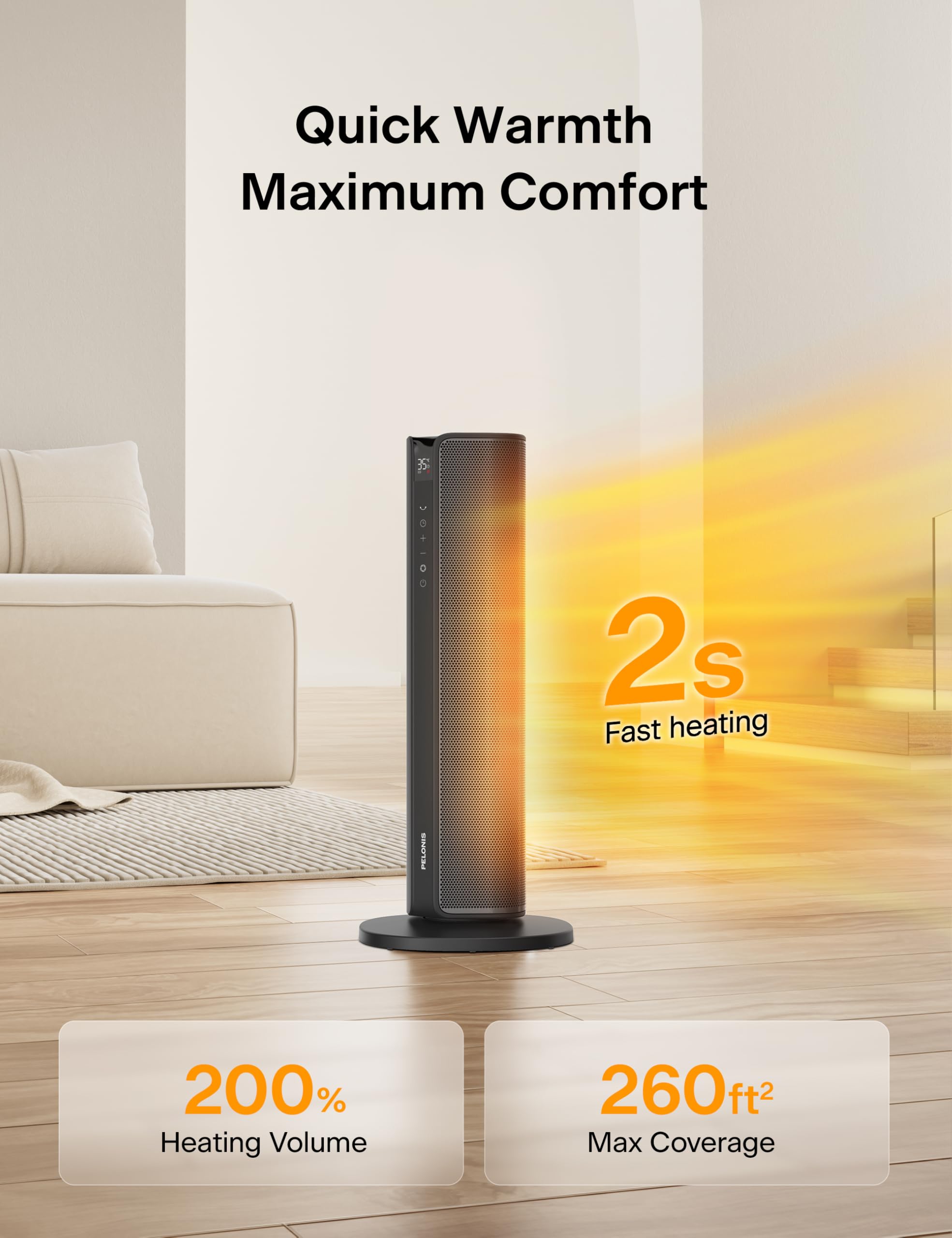 Pelonis Tower Heater Electric Fan 2000W with Remote Control | 75° Oscillation | Grey 2
