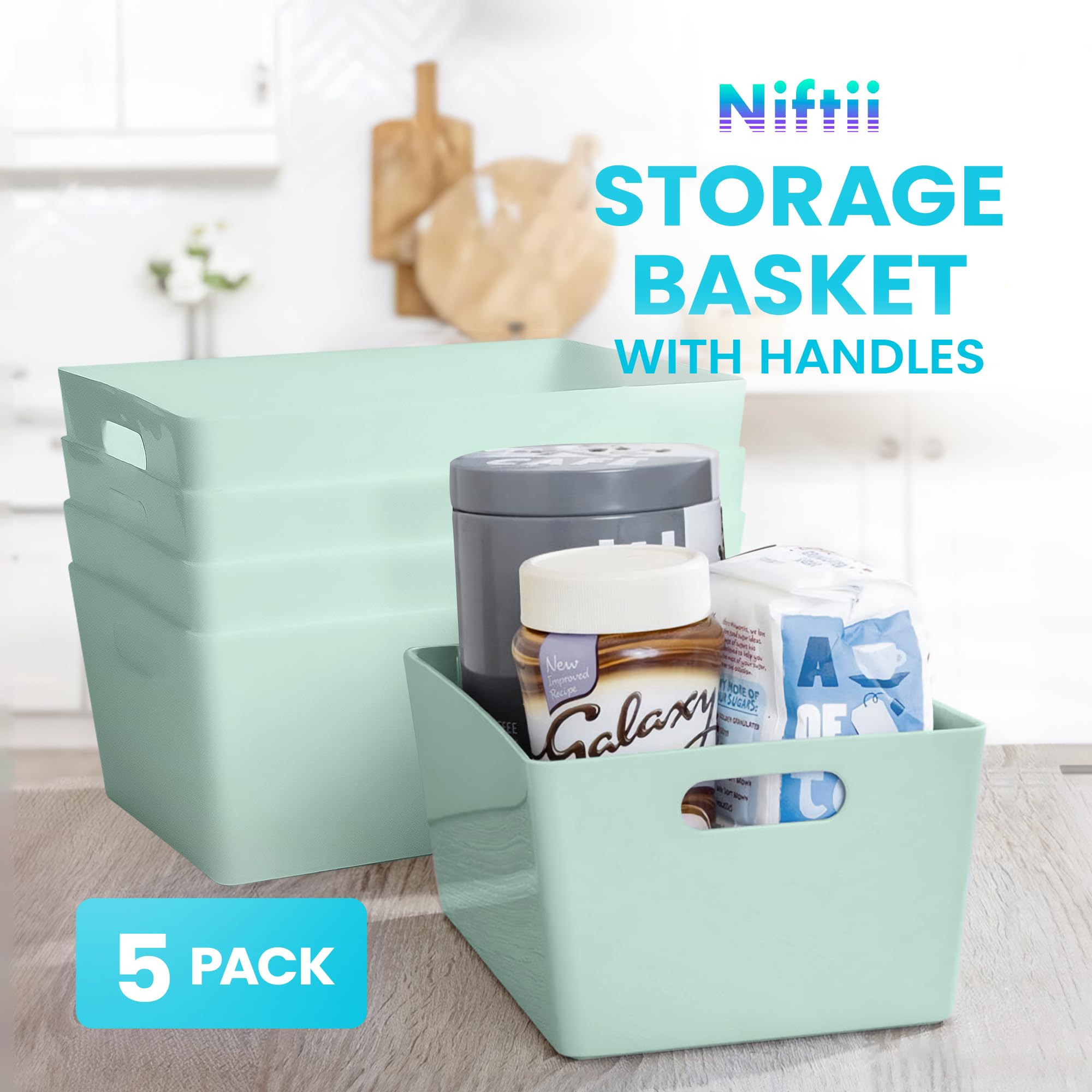 Niftii 5-Pack Plastic Shelf Baskets with Handles | 3.9L Capacity | Sage | Modern Style 2