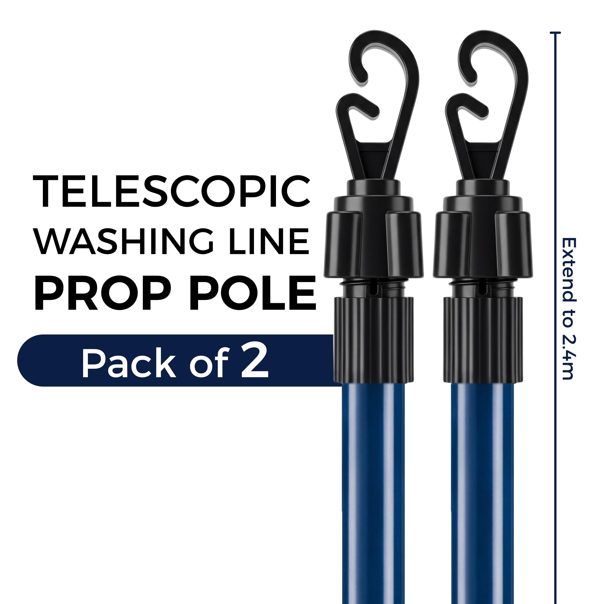 Vivo Technologies Telescopic Washing Line Prop Pole - 2.4M Extension | Heavy Duty Steel | Blue (2 Pack) 2