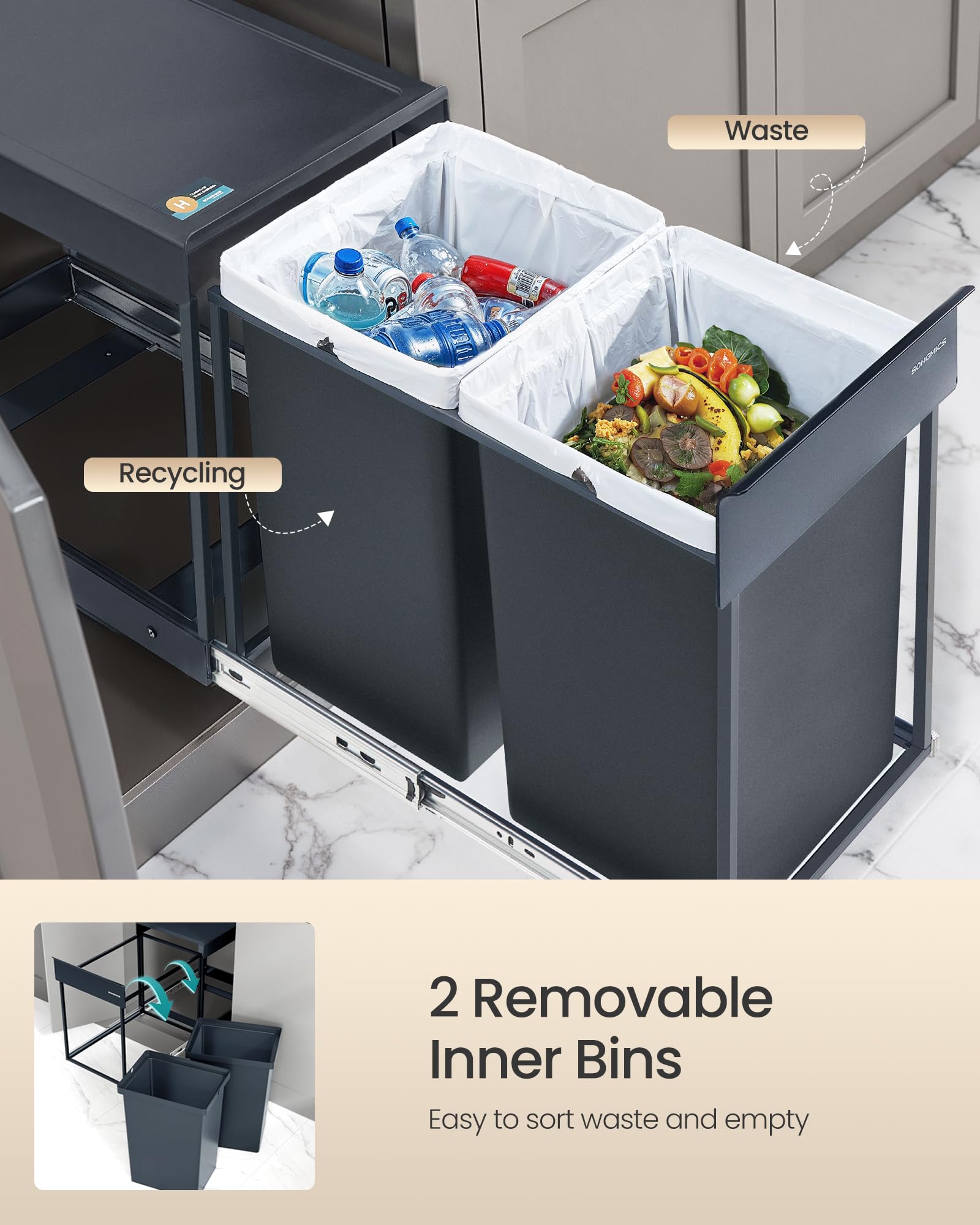 SONGMICS Built-in Kitchen Waste Separation System - 2 x 20L Bins | Grey | Alloy Steel Frame 5