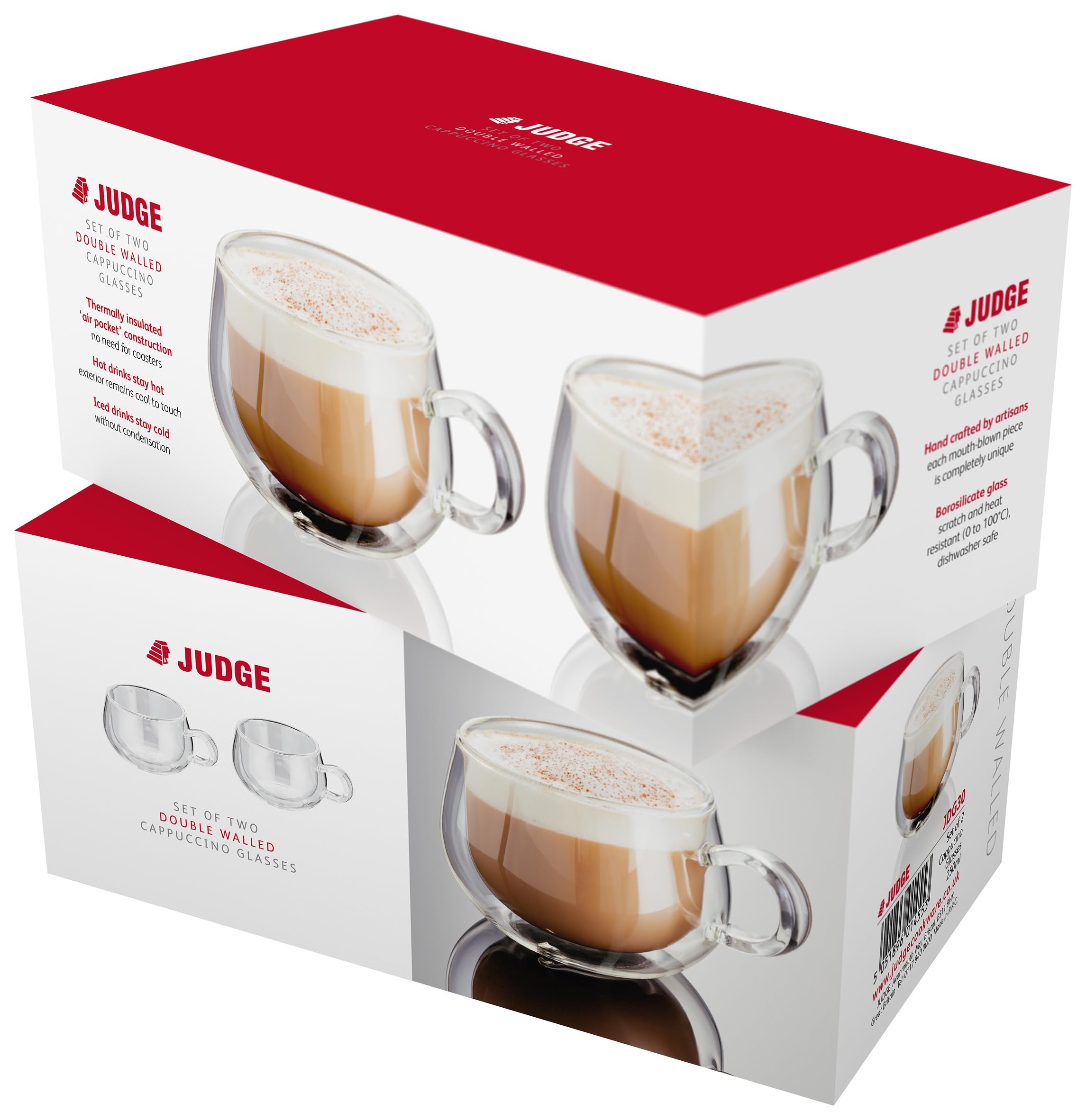 Judge JDG30 Double Walled Glass Coffee Cups with Handle - 225ml, Set of 2, Heat Resistant 7