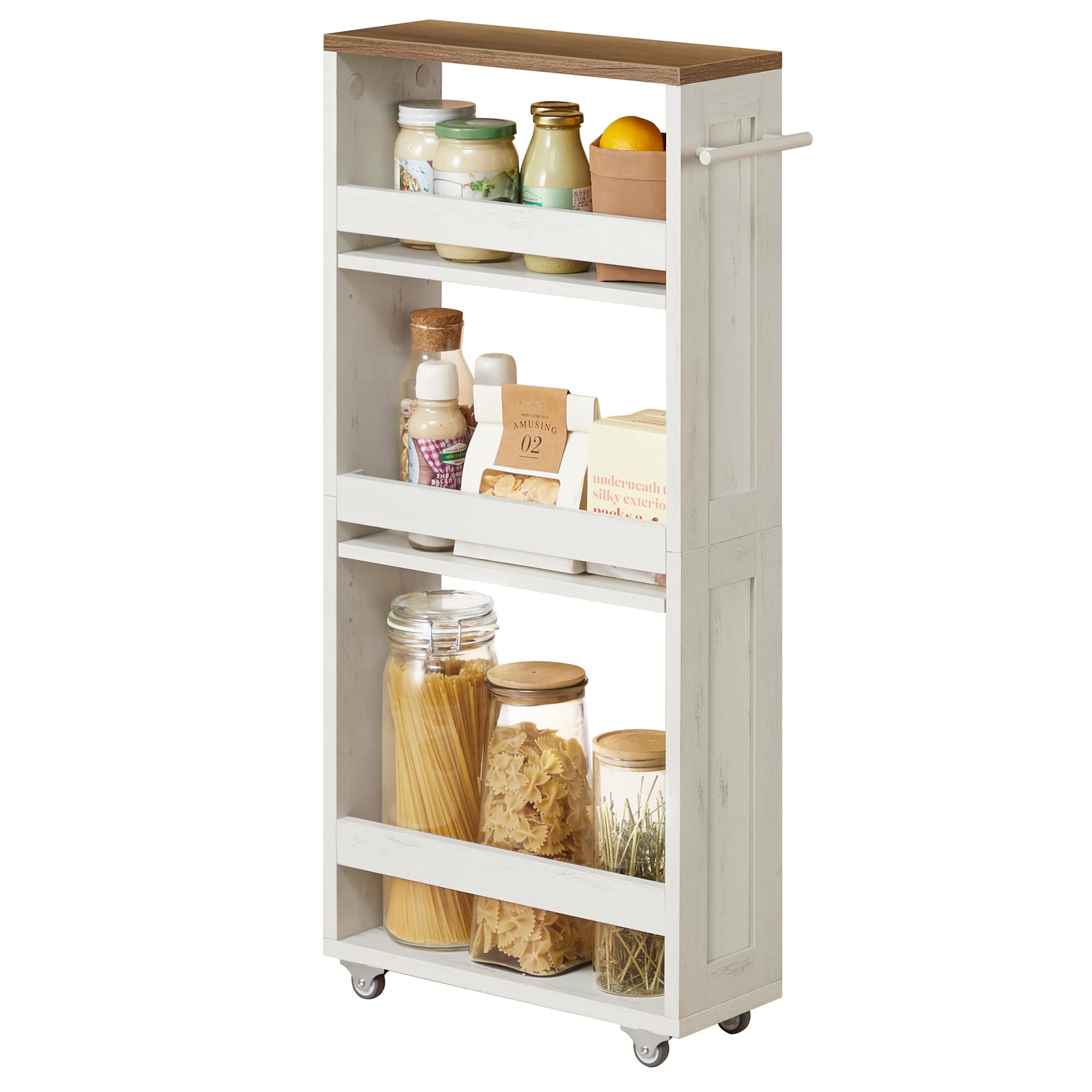 VASAGLE 4-Tier Slim Storage Trolley with Wheels | Rustic White + Honey Brown | 15 cm Wide 1