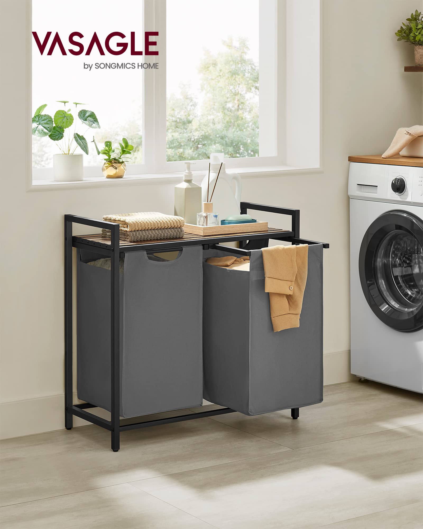 VASAGLE 2-Compartment Laundry Hamper with Shelf | 92 L Capacity | Rustic Brown & Grey