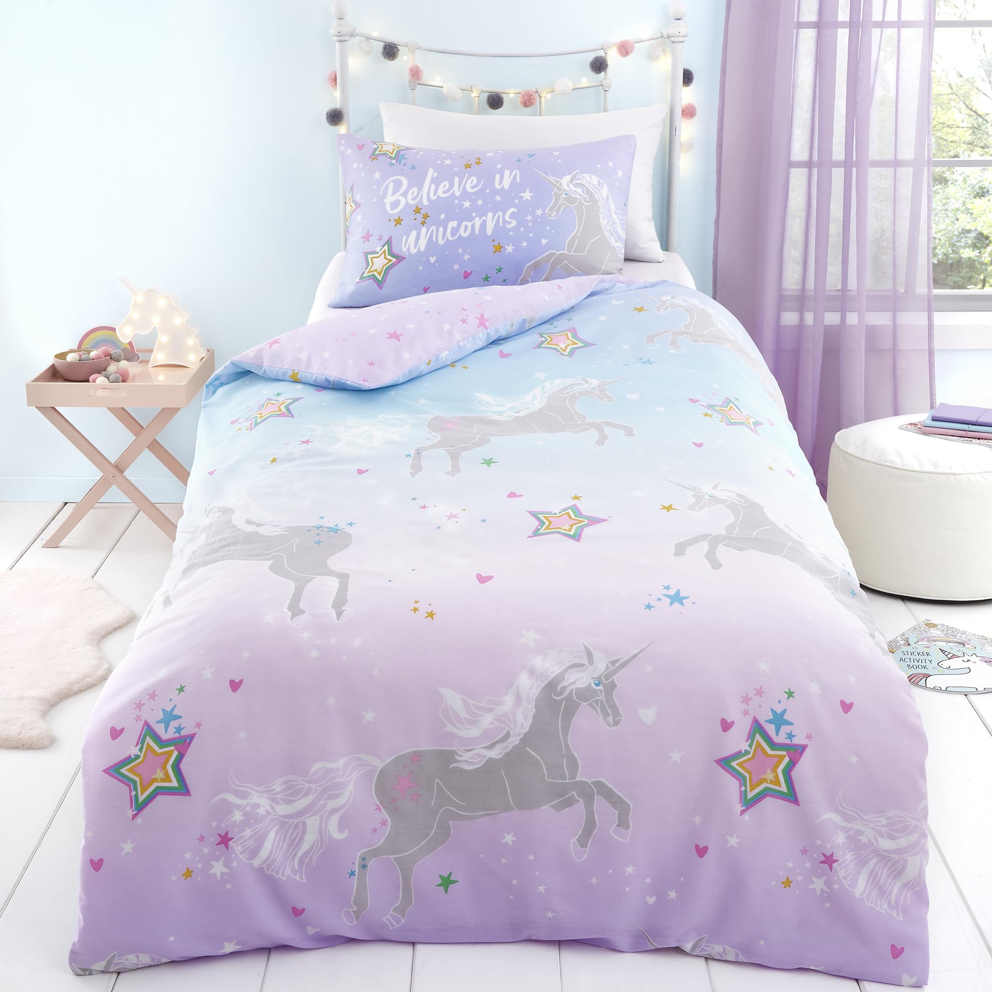 Bedlam Glow in the Dark Unicorn Duvet Cover Set - Single Size (135x200cm) - Lilac 2