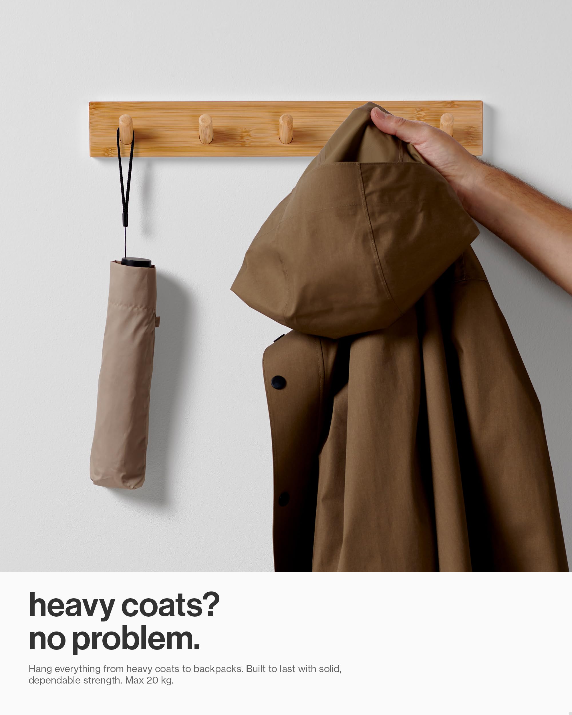 LARHN Wooden Wall Coat Rack with 5 Hooks - 2-Pack | Bamboo Finish | Heavy Duty 3