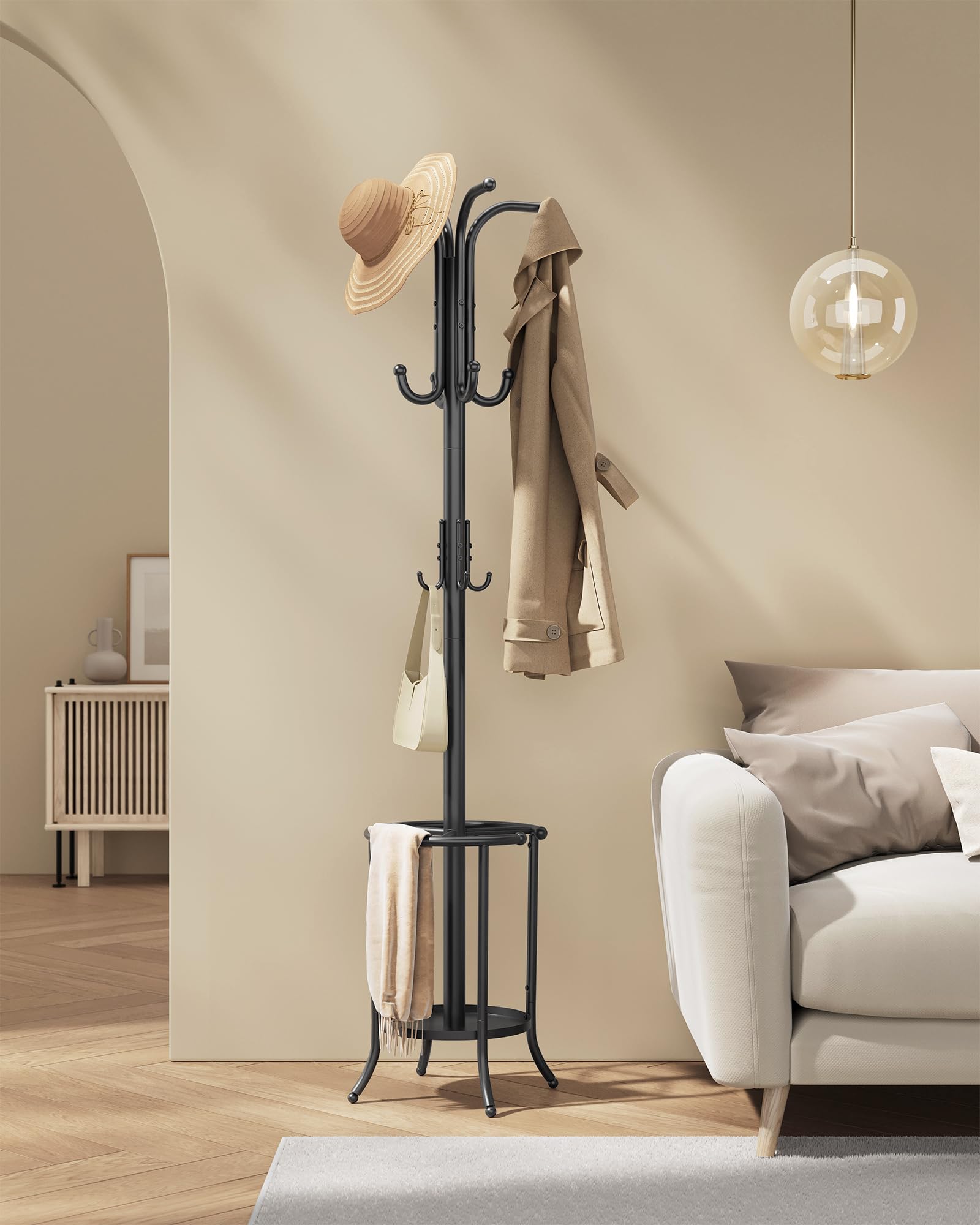SONGMICS Freestanding Coat Rack with Umbrella Holder | 12 Hooks | Metal | Black 7