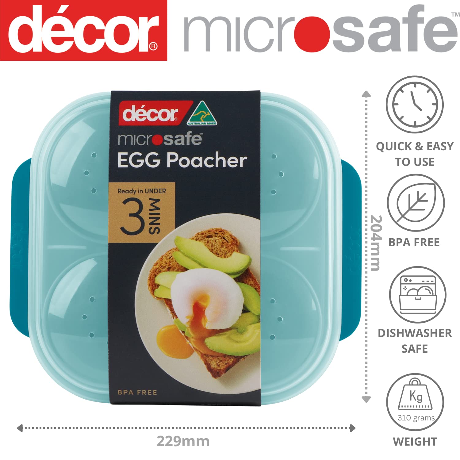 Décor Microsafe Egg Poacher - BPA Free Plastic, Makes Up to 4 Eggs, Dishwasher Safe, Teal