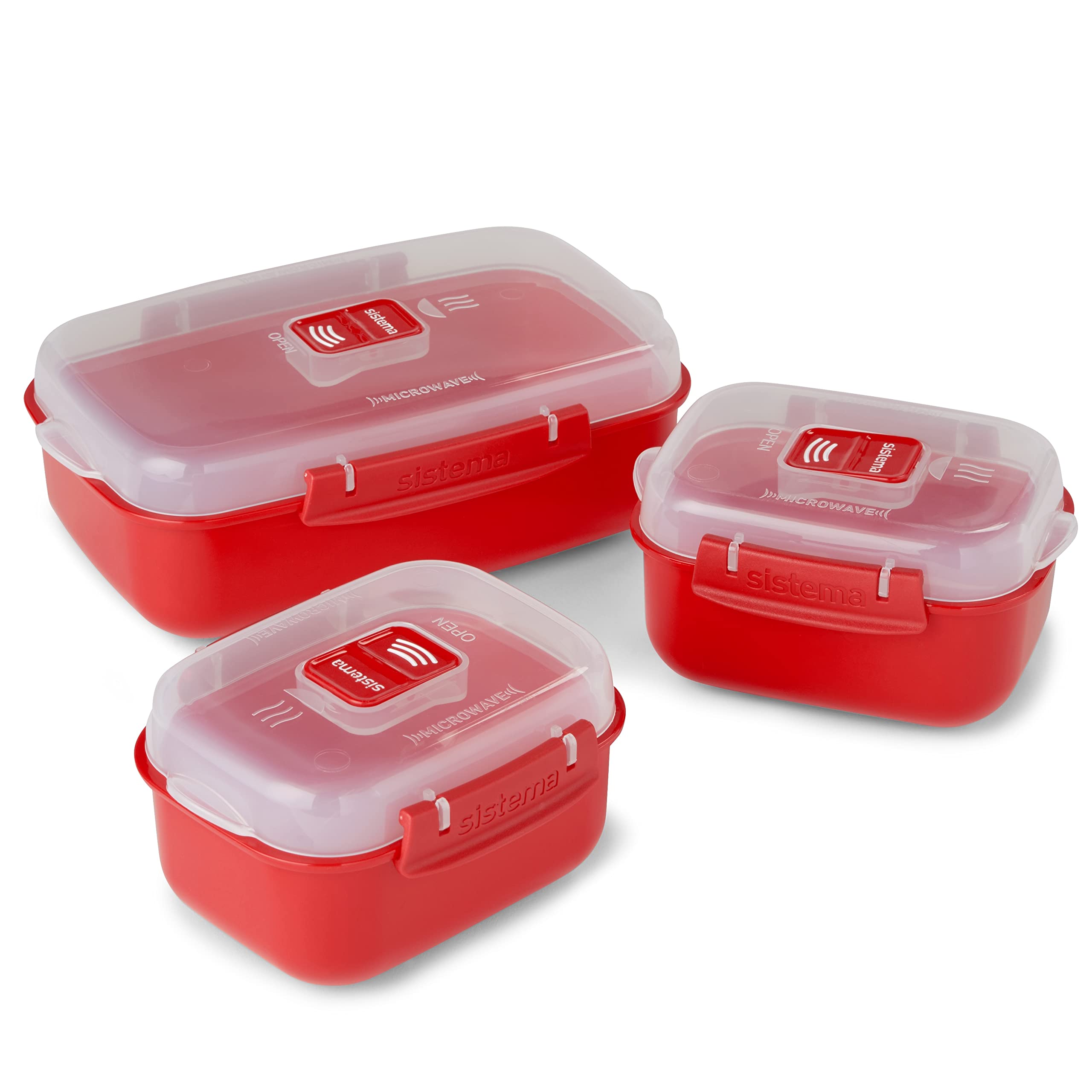 Sistema Heat and Eat Microwave Container Set - 3 Count (1.25 L, 525 ml) | BPA-Free, Red