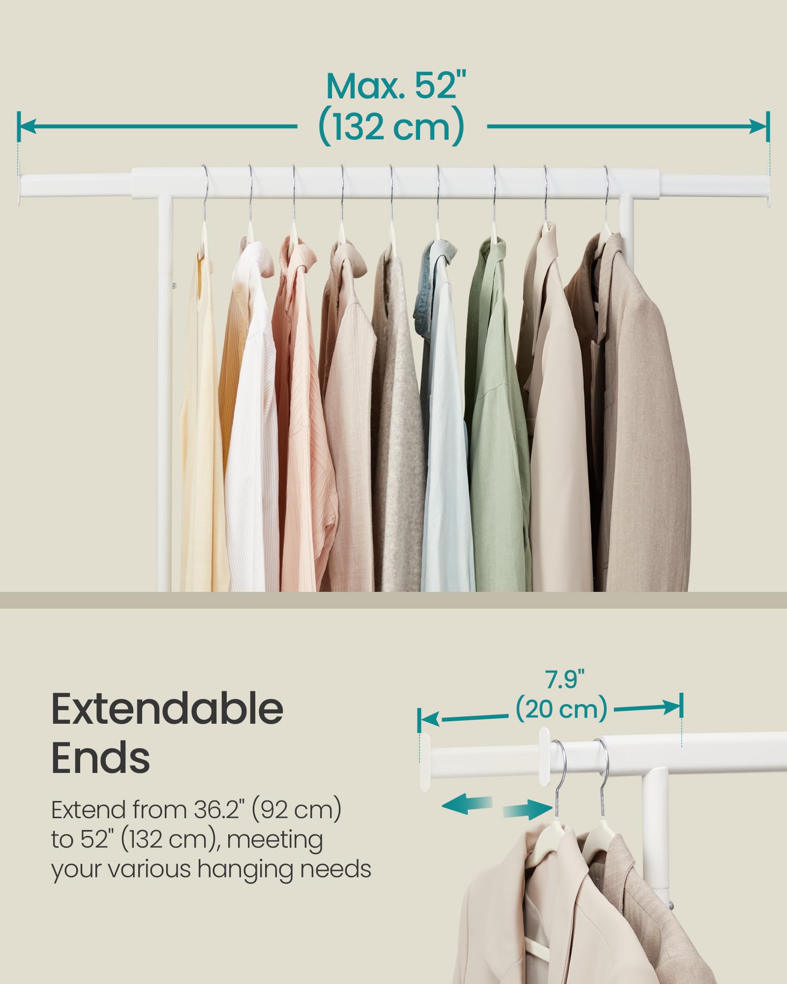 SONGMICS Heavy Duty Clothes Rack on Wheels - 100 kg Load Capacity | Extendable Rail (92-132 cm W) | White 4