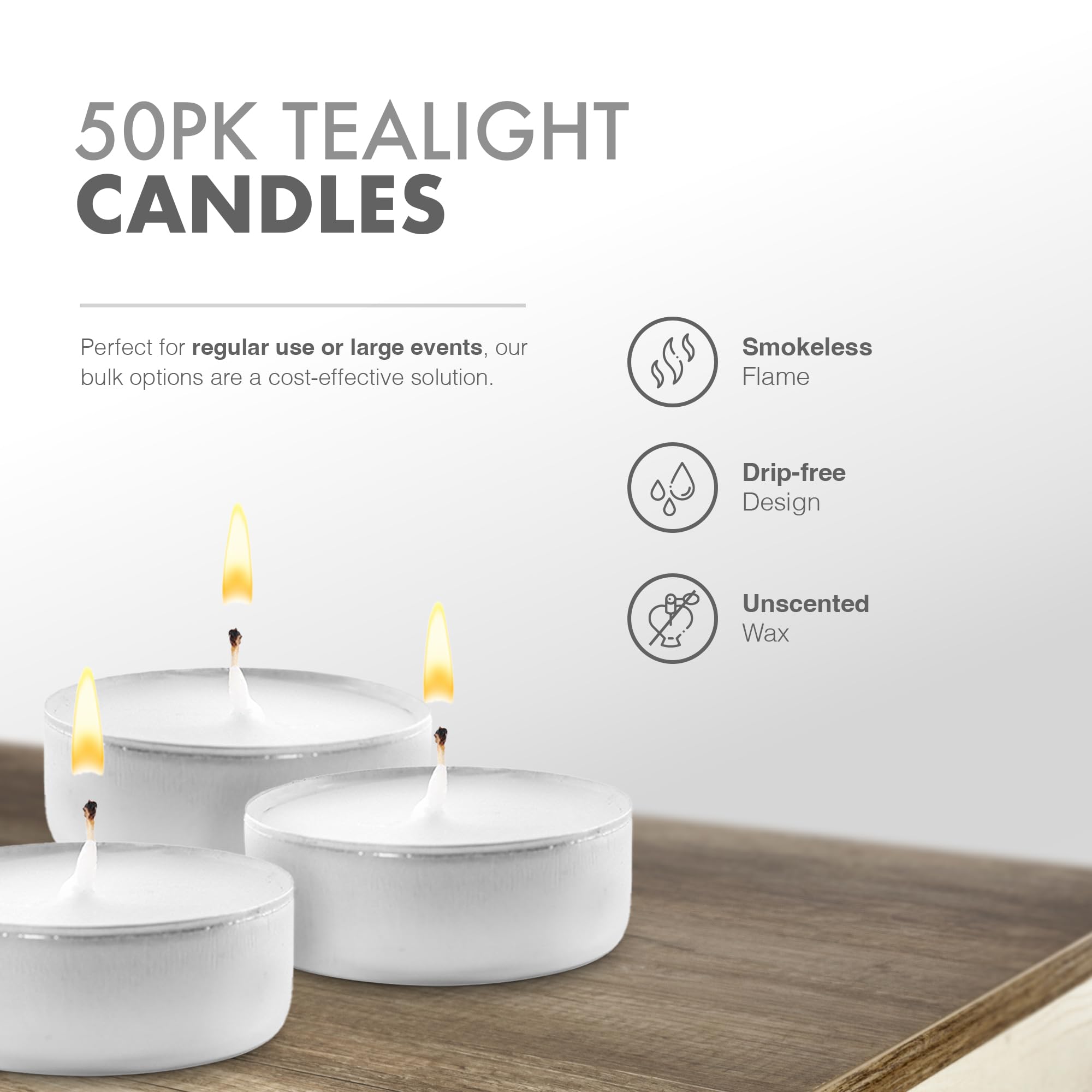 delka Unscented Tea Lights - 4 Hour Burn Time, Smoke-Free | 50 Pack White Wax 5